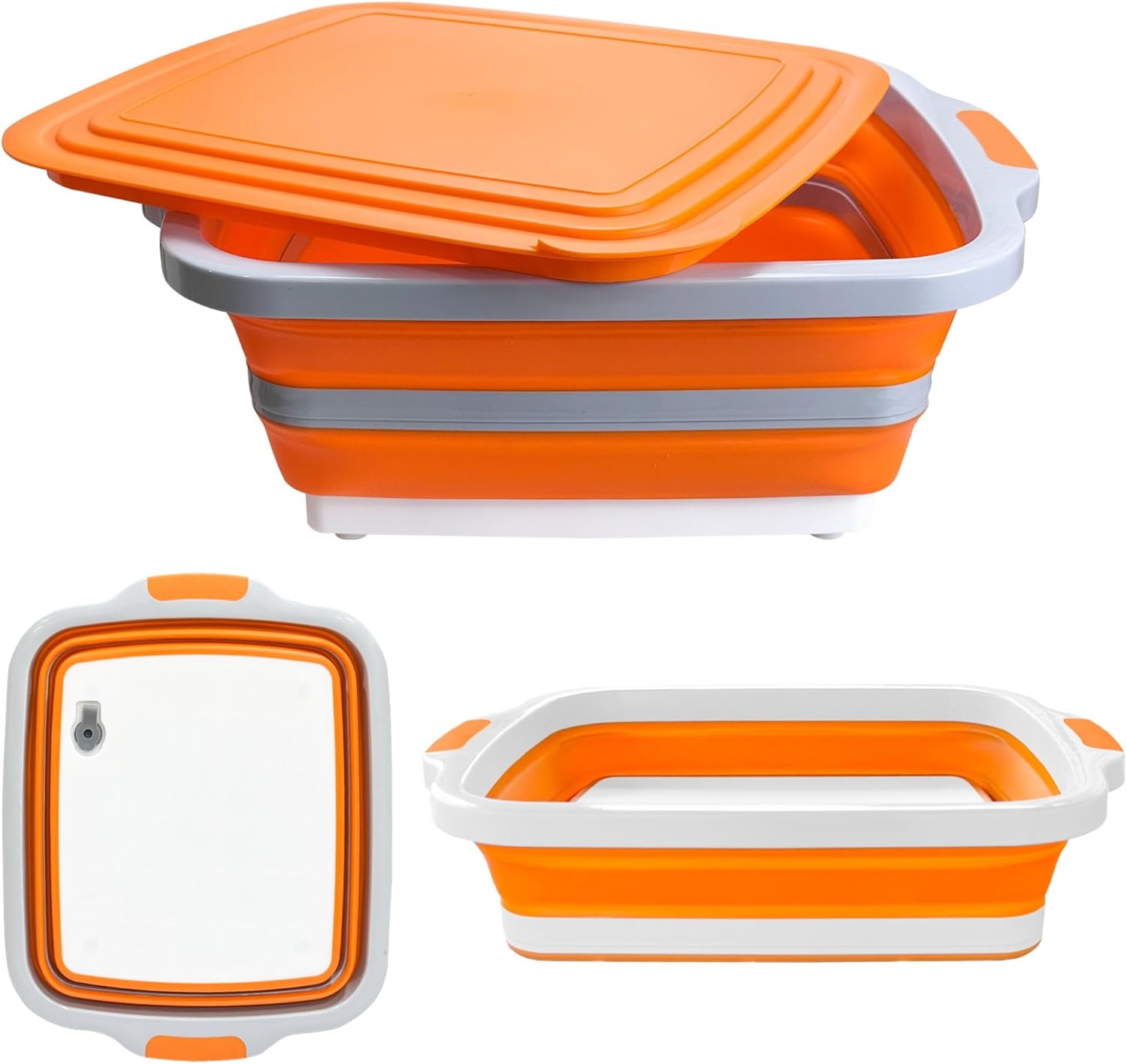 Large Collapsible BBQ Prep Tub with Lid (16L / 4.22 Gal), Cutting Board + Colander, Drain Plug, Space-Saving Camping Sink & Dish Basin, BPA-Free for Kitchen, Picnic, RV, and Tailgating