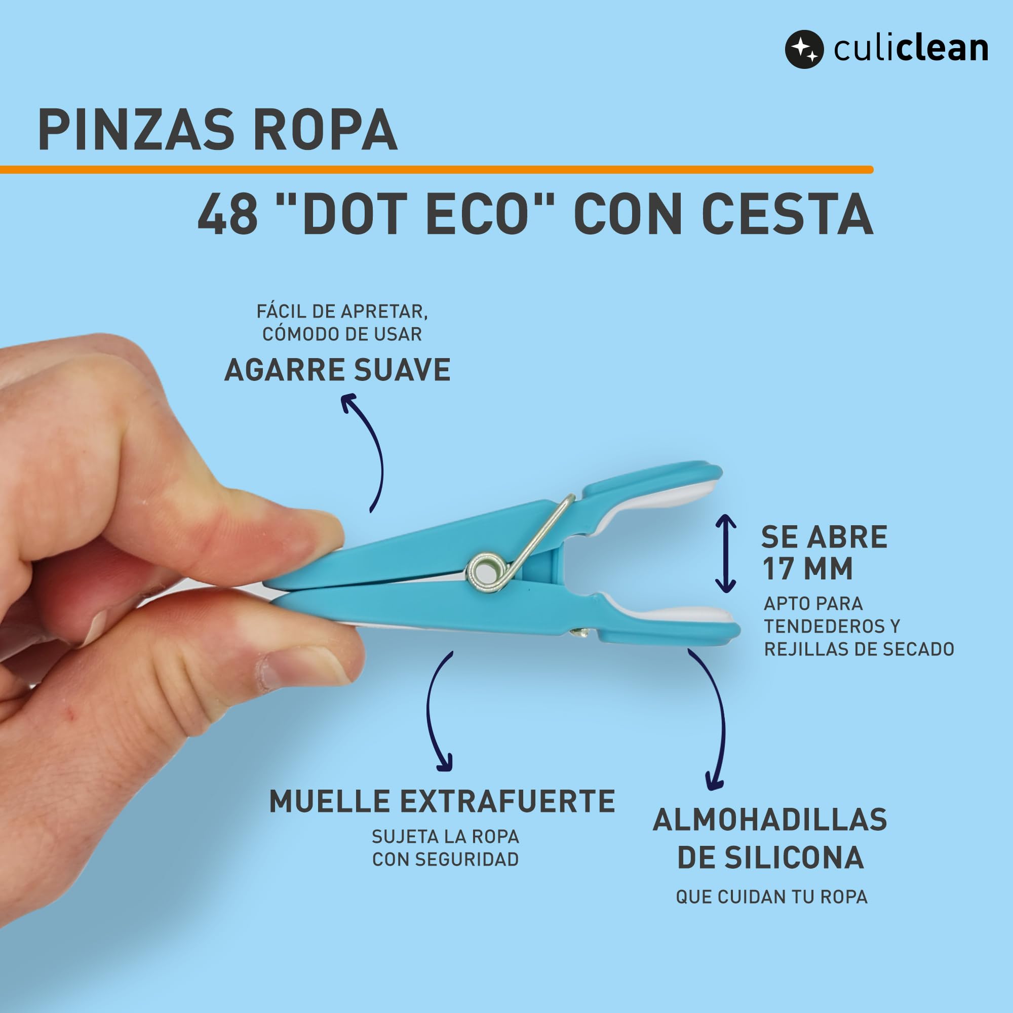 culiclean Cesta Pinzas Ropa – 48 Pinzas y Cesta, Azul-Blanco/Cesta Azul | Pinzas para Tender Ropa que No Dejan Marca, Plástico Resistente y BPA-Free, Fabricado en Francia