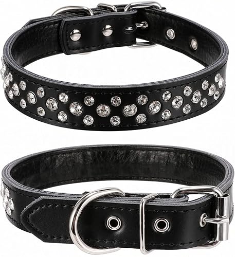 Miniatura 10 de Pimaodog Collar de perro con diamantes de imitación, collar ajustable de cuero genuino con tachuelas de cristal brillante para perros pequeños y
