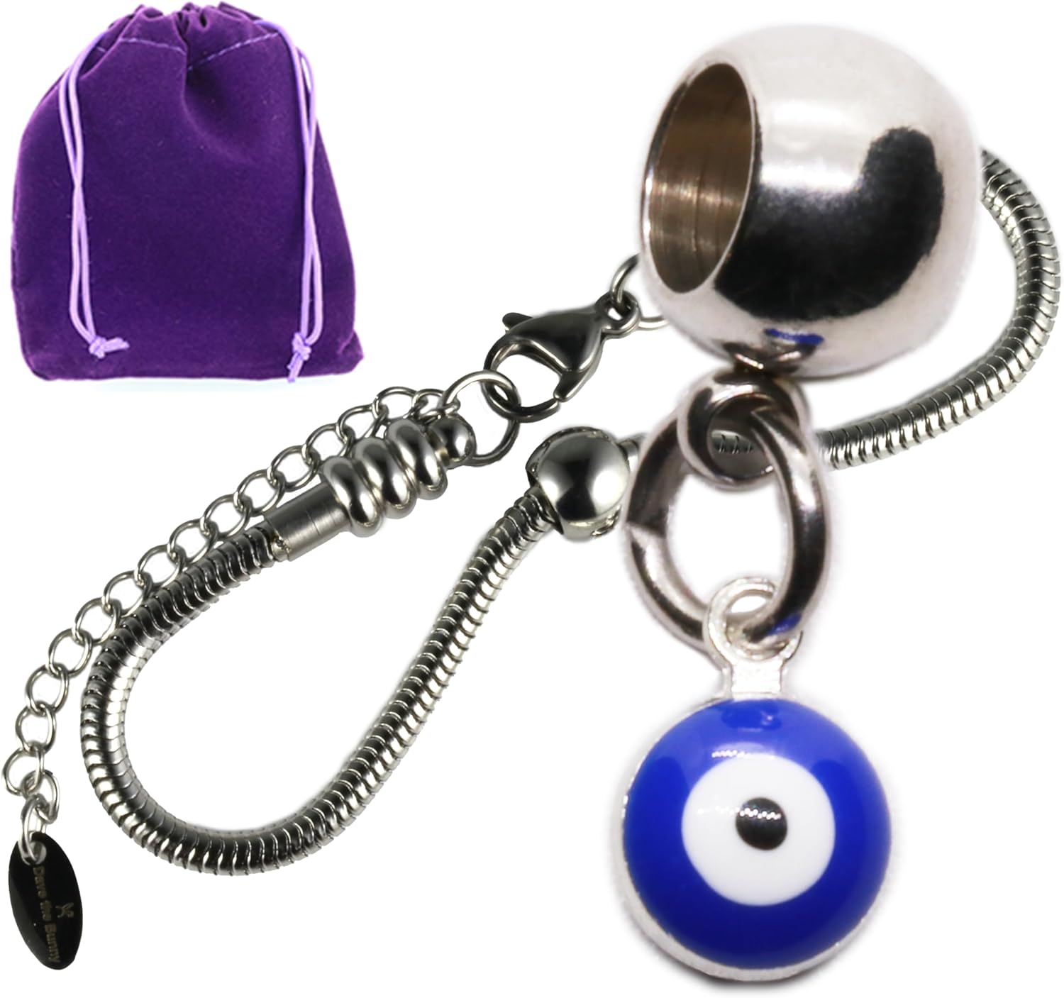 Dave The Bunny Evil Eye Bracelets Silver Snake Chain with Blue Glass Bead, Adjustable Evil Eye Bracelet with Charm and Gift Pouch for Everyday Protection Jewelry