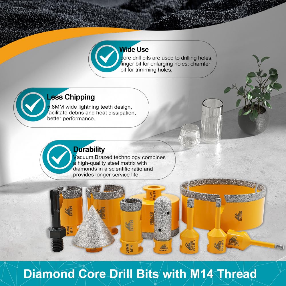 Foret Diamant Carrelage Kit - 11 pièces (6/6/8/25/35/50/68/110mm+20mm Fraise+50mm Mèches Chanfrein Biseautées+Adaptateur) Scie Cloche Diamantée pour Porcelaine Carrelage Marbre Granit