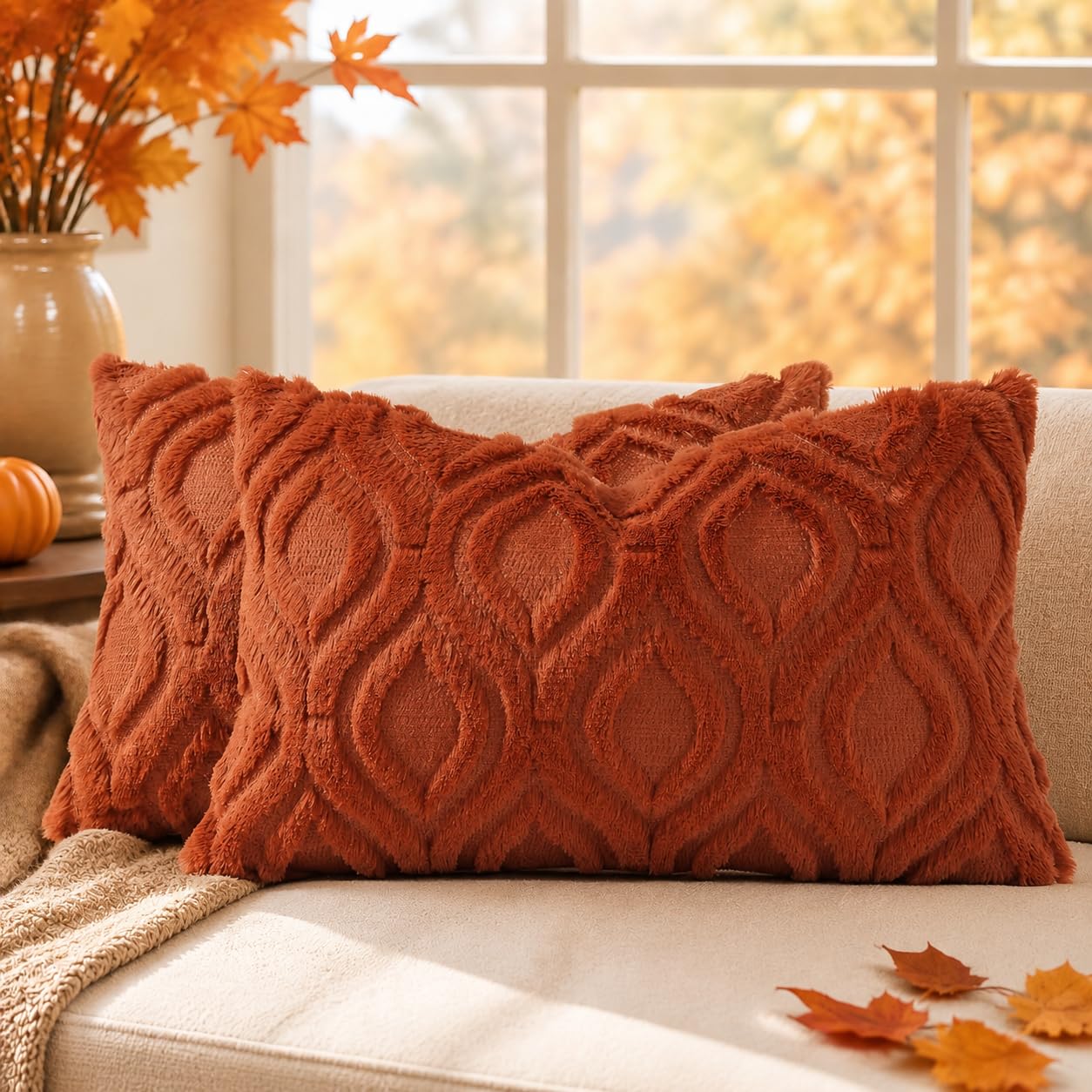 decorUhome Faux Fur Plush Soft Rust Throw Pillow Covers 12x20 Set of 2