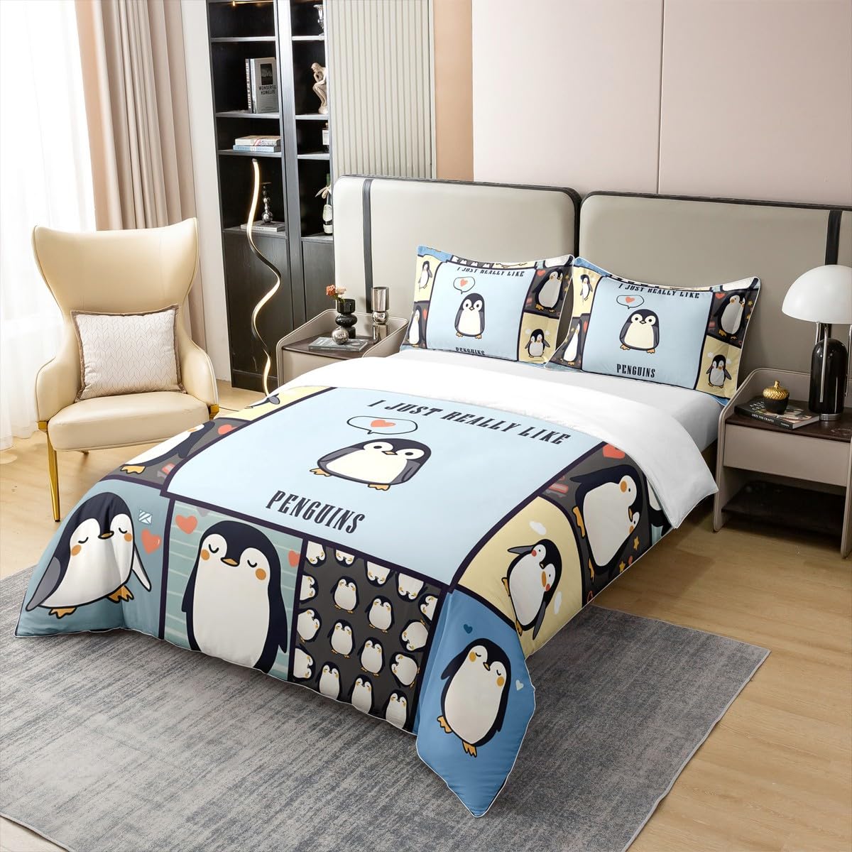 Homewish Penguin King Zestawy Poszwa Na Kołdrę Miłośnicy Pingwina Pościel Urocza Kreskówka Patch Pingwiny Poszewka Na Kołdrę Kawaii Urodziny Boże Narodzenie Zestaw Łóżek