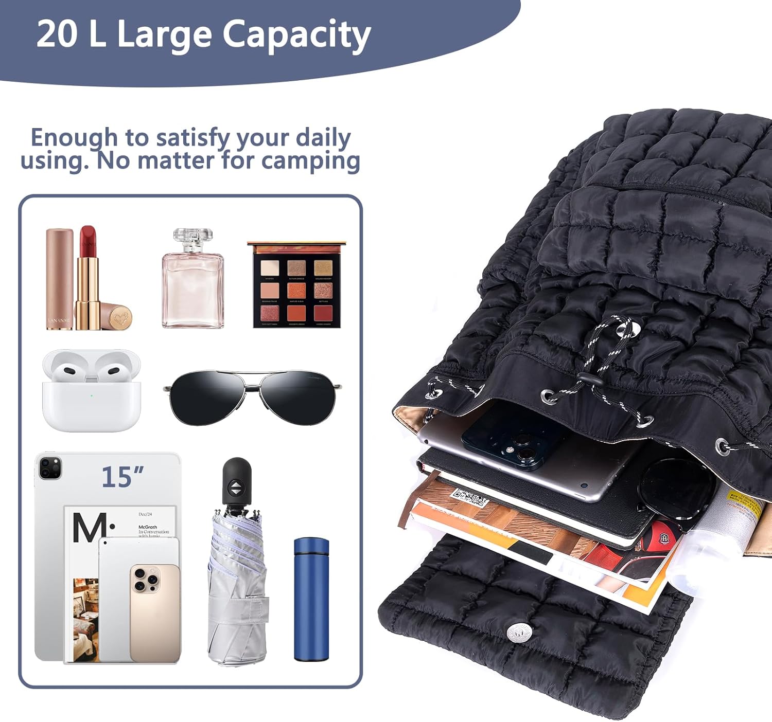 Quilted Puffer Backpack for Women: Large Lightweight Soft Purse Backpacks for Travel Daypack Hiking Gym Sports School College - Cute Trendy Luxury Drawstring Laptop Backpack (Black) - Image 4