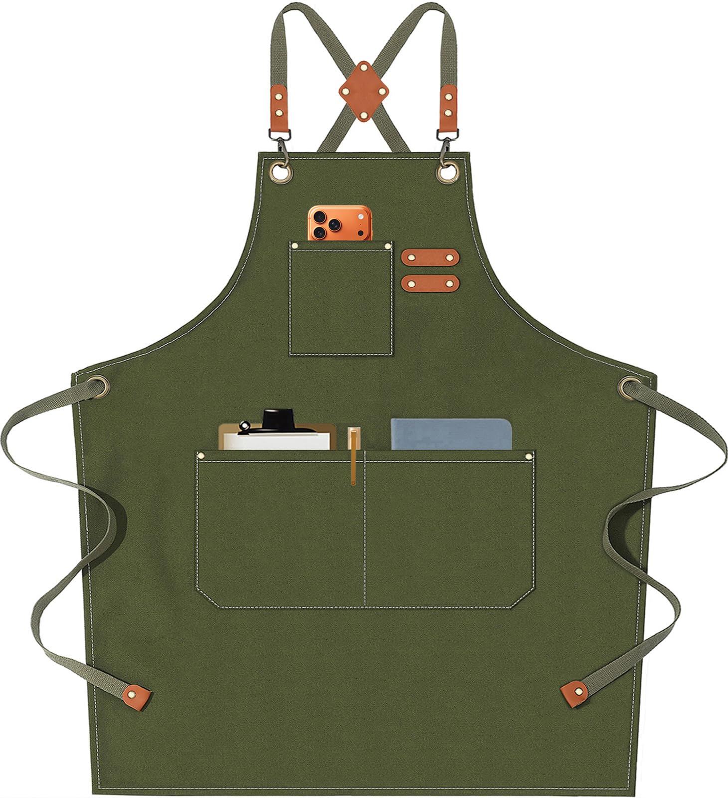 AFUN Chef Aprons for Men Women with Oversized Pockets, 16-Ounce Cotton Canvas Cross Back Heavy Duty Work Apron (Army Green)