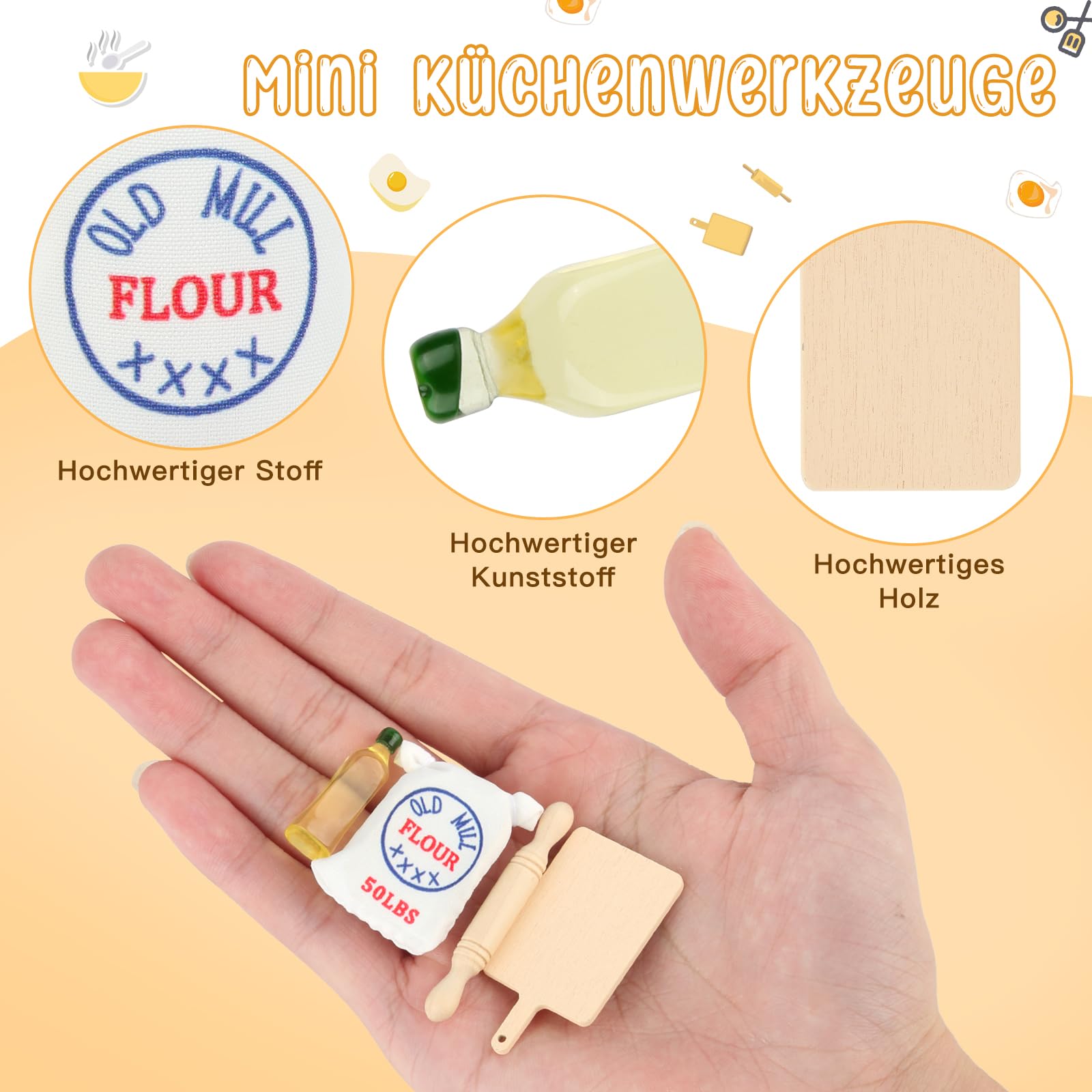Miniatur Backset 17-teilig Für Puppenhaus – Maßstab 1/12, Inkl. Nudelholz & Mehlsack