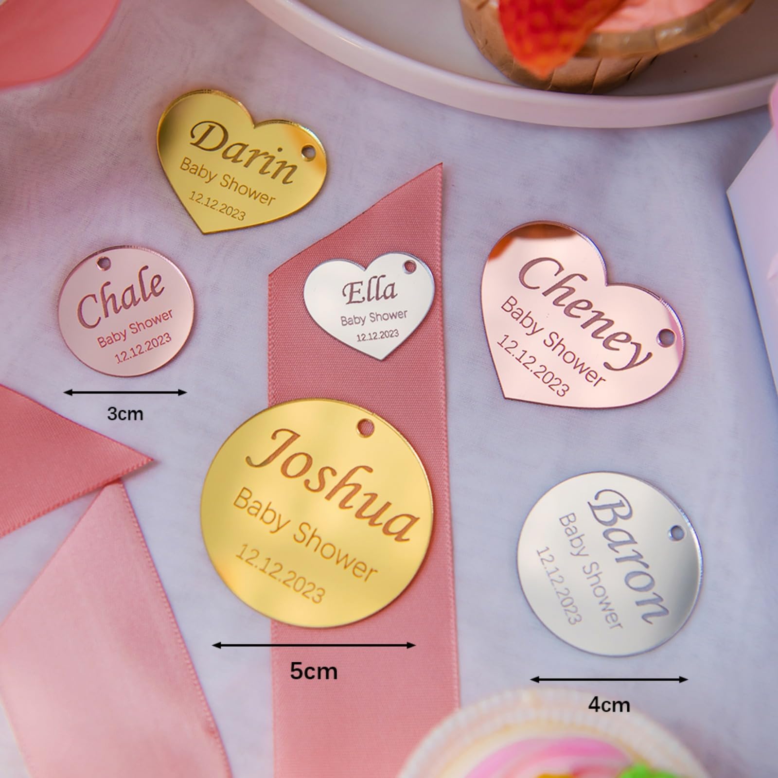 Personalisierte Spiegel-Acryl-Etiketten für Hochzeit, Verlobung, individuelles Namensschild, Taufe, Hochzeit, Babytaufe, Spiegel, Dekoration, Geschenkanhänger für Gastgeschenke (100 Stück)