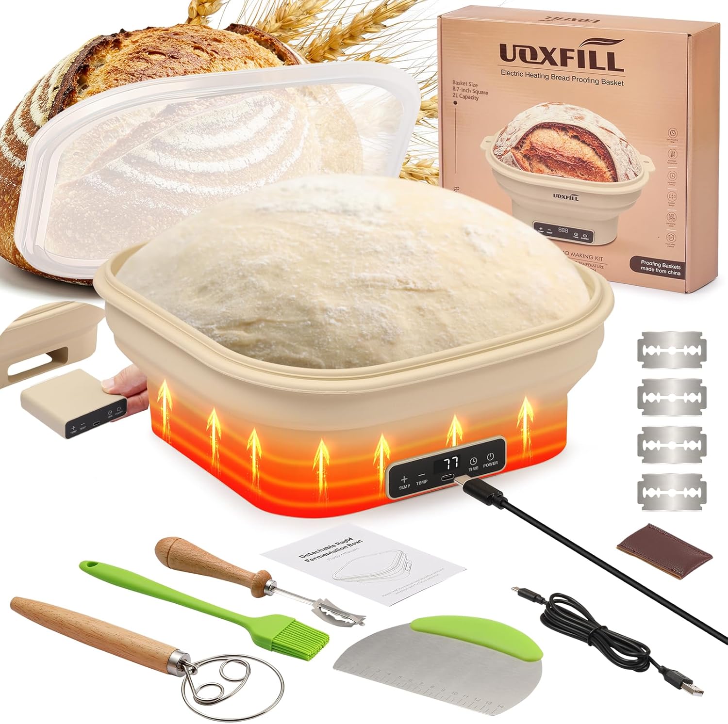 Upgrade Heating Sourdough Bread Proofing Basket Set, Electric Thermostatic Silicone banneton bread proofing basket,Sourdough bread baking supplies,8.7 Inch Square Foldable Sourdough Proofing Bowl