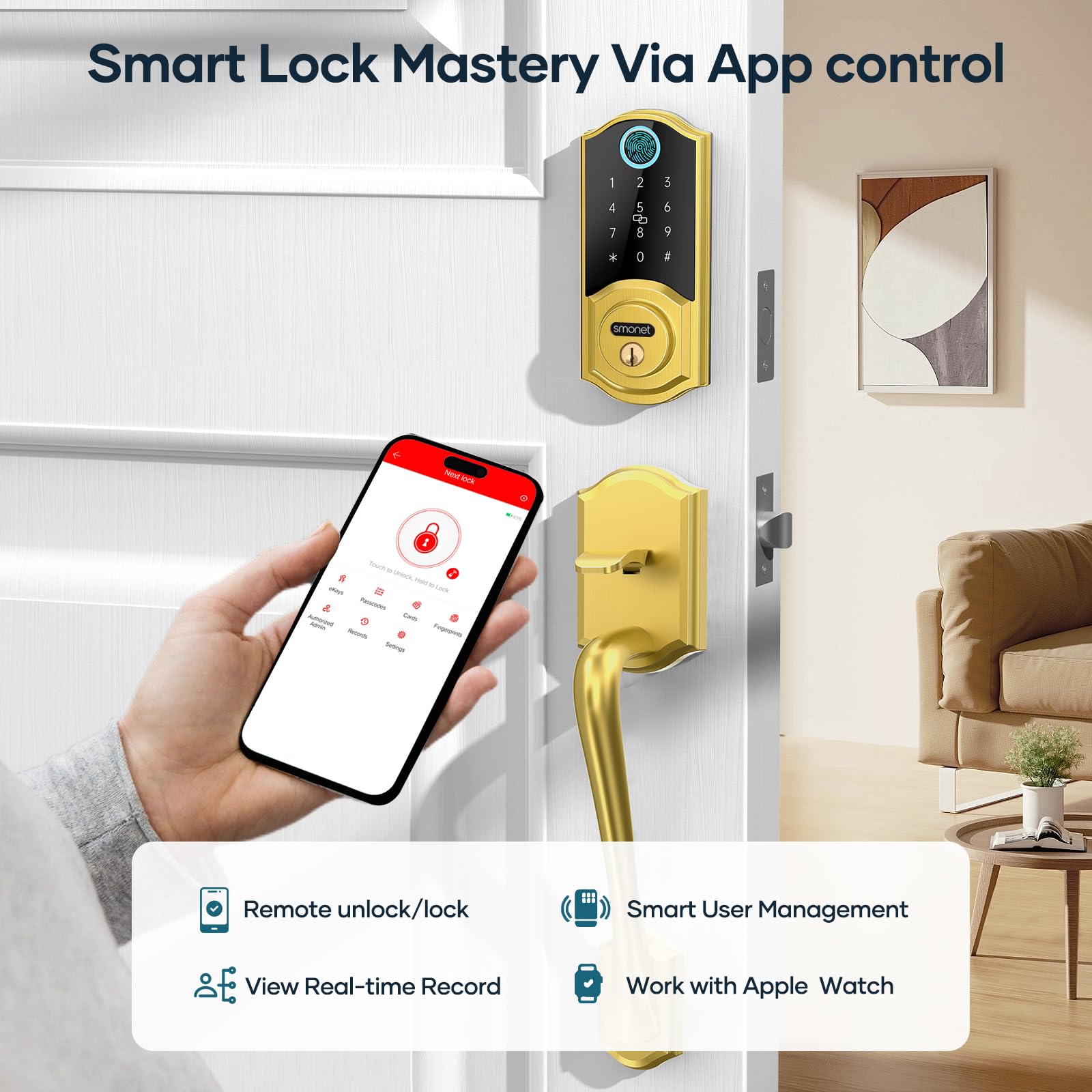 SMONET Cerradura inteligente para puerta delantera con asa, juego de cerradura de puerta de entrada sin llave, cerrojo inteligente de huellas dactilares con aplicación Bluetooth, teclado electrónico