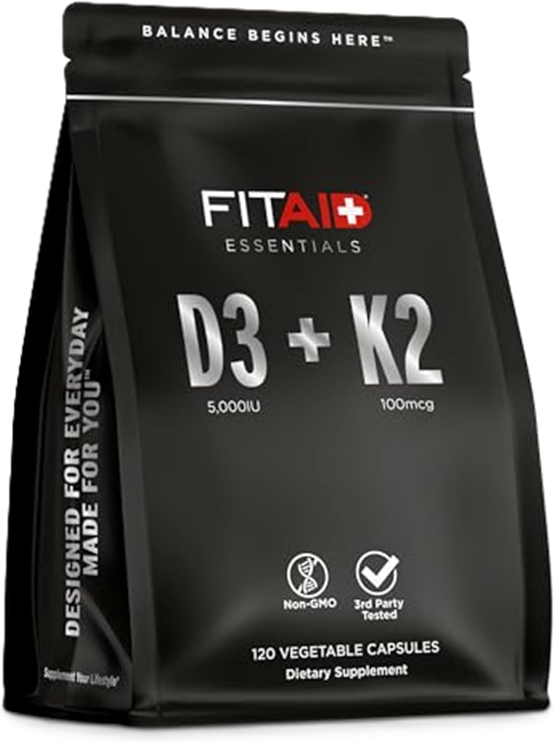 FITAID Essentials Vitamin D3 K2 5000 IU Supplement, 125mcg D3 + 100mcg K2 MK7, High Absorption VIT D3 and K2 Supplements for Athletes, Bone Health & Immune Support, 120 Veg Caps, 4 Month Supply