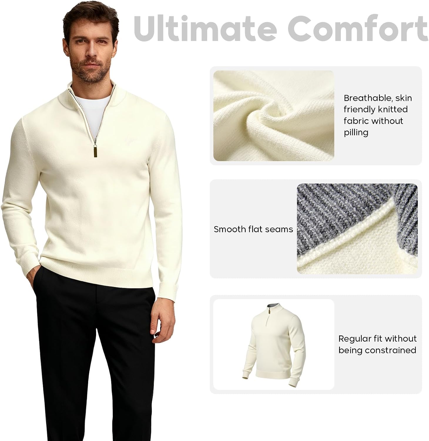 VPG Mens Quarter Zip Sweater, Regular Fit Lightweight Mock Neck Knit Texture Polo Long Sleeve 1/4 Zip Pullover - Image 3