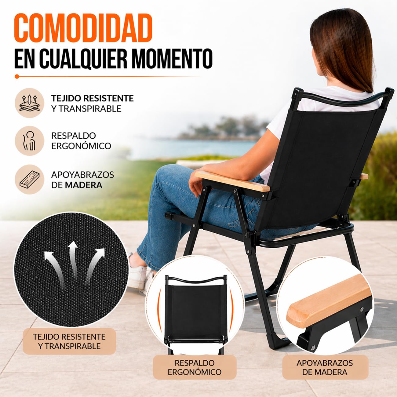 TIENDA EURASIA – Silla Plegable Camping | Pack 4 Uds | 47x53x76 cm | Estructura Metálica | Tejido Oxford Resistente | Portátil y Ligera | Reposabrazos de Madera | Ideal para Camping y Exterior (Negro)