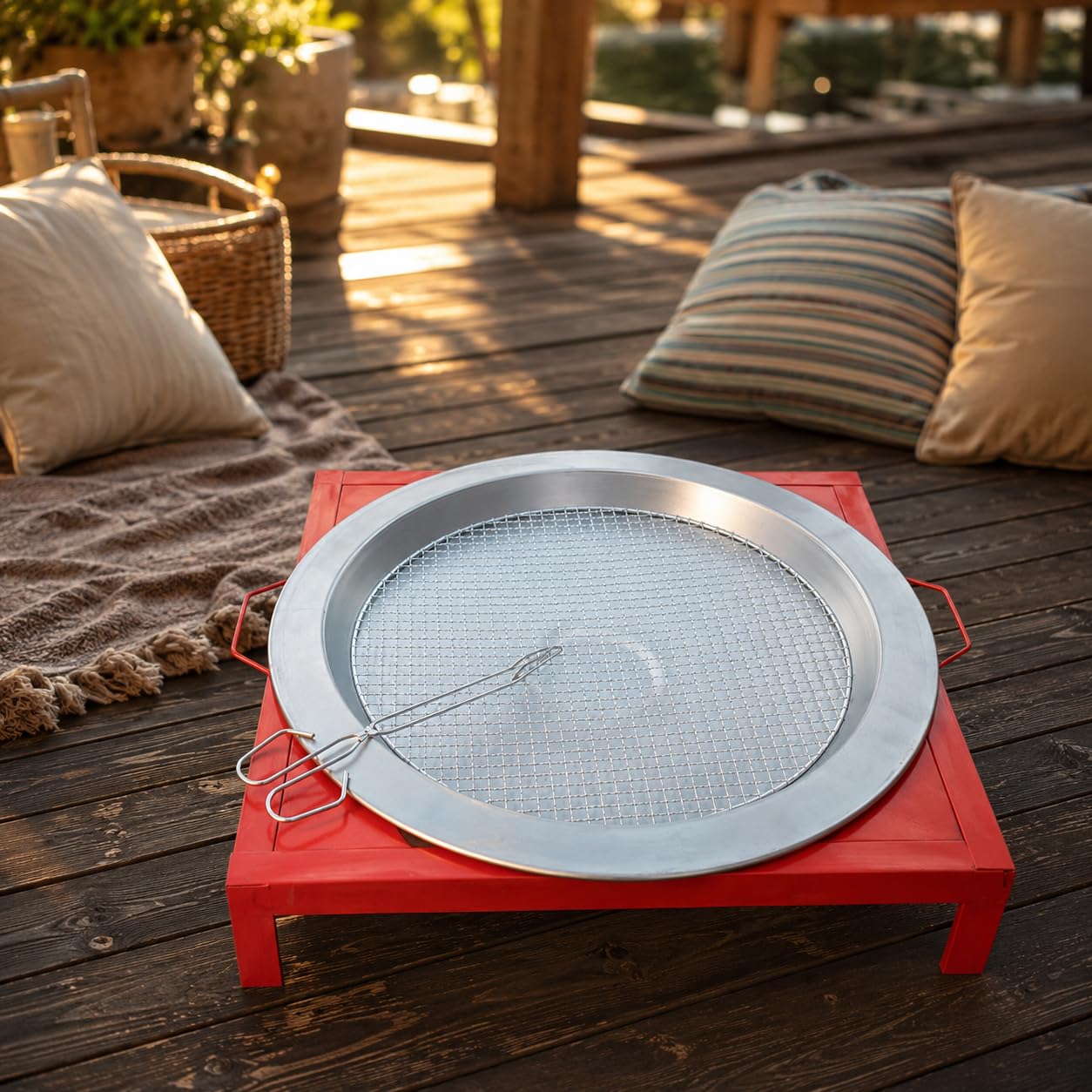 Barbacoa Carbón Plegable, Parrilla Portátil Metal, para Exterior, con Pinzas, Parrilla de carbón con marco rojo de 43cm, bandeja de 46cm y rejilla, incluye pinzas para barbacoa