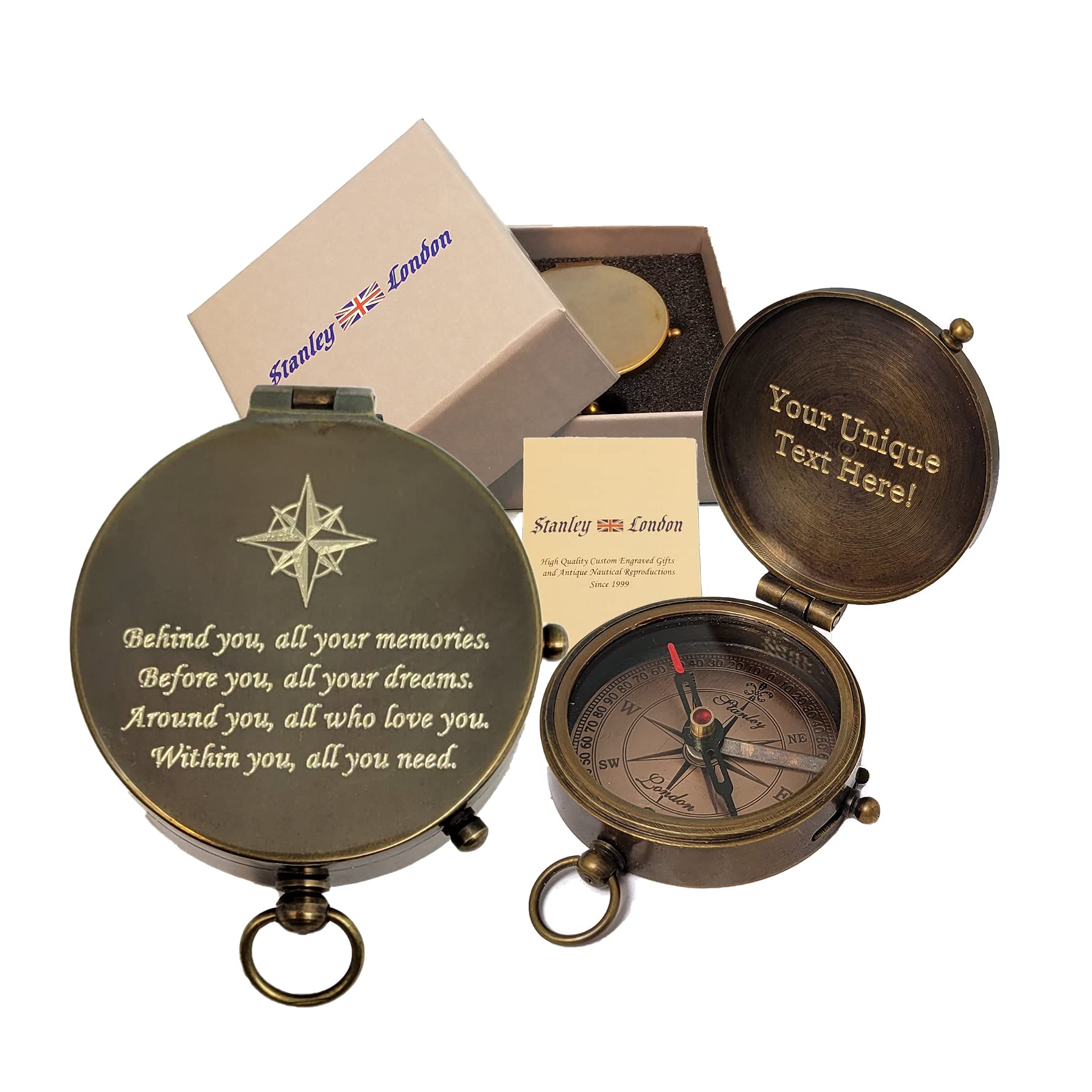 Personalized Antique Brass Pocket Compass with Custom Engraving – Engraved Compass Gift for Graduation, Father’s Day, Anniversary, Travel, or Family Heirloom – Optional Hardwood Box