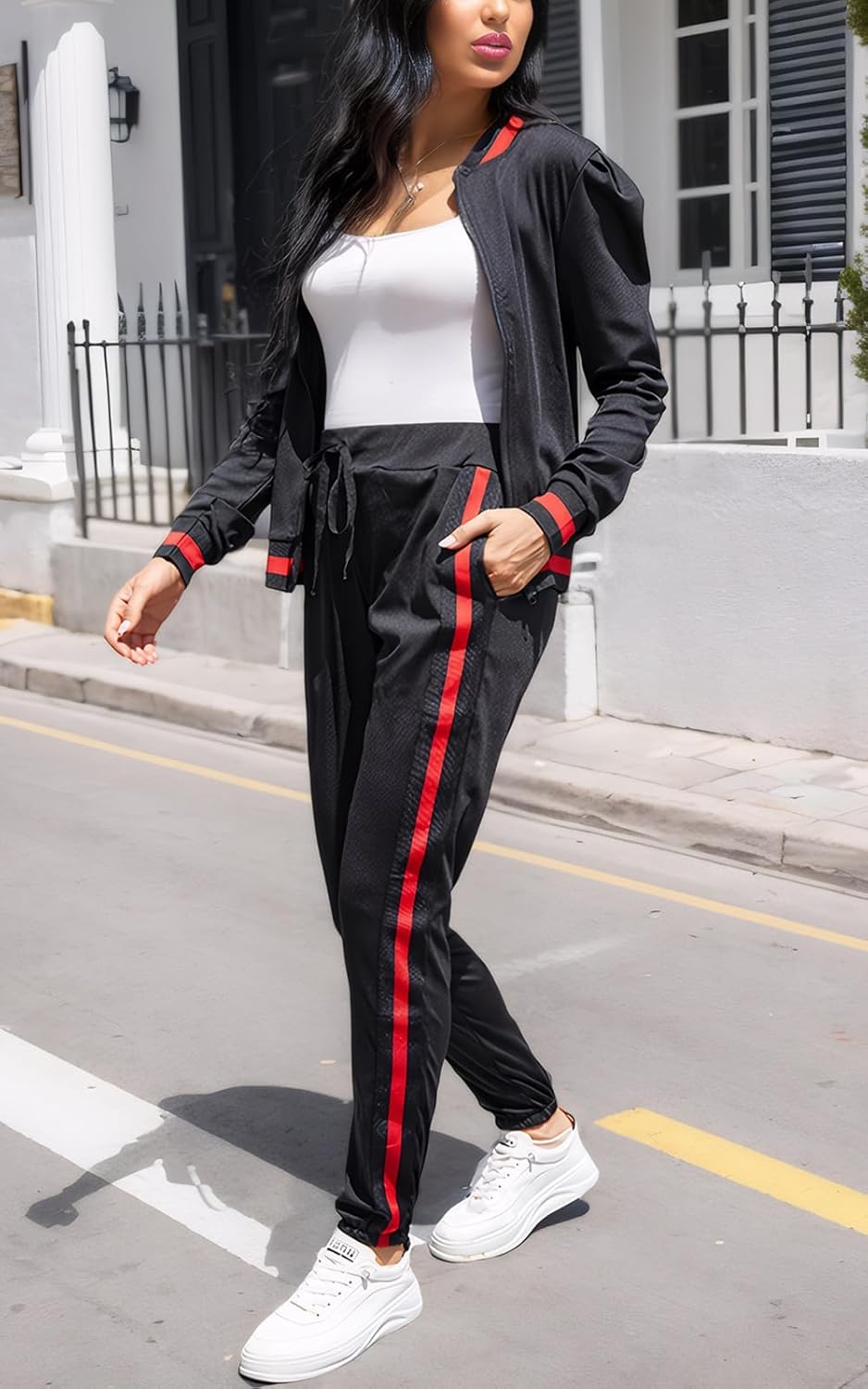 Akmipoem Women's 2 Pieces Outfits Long Sleeve Zipper Jacket and Pants Set Tracksuits - Image 5