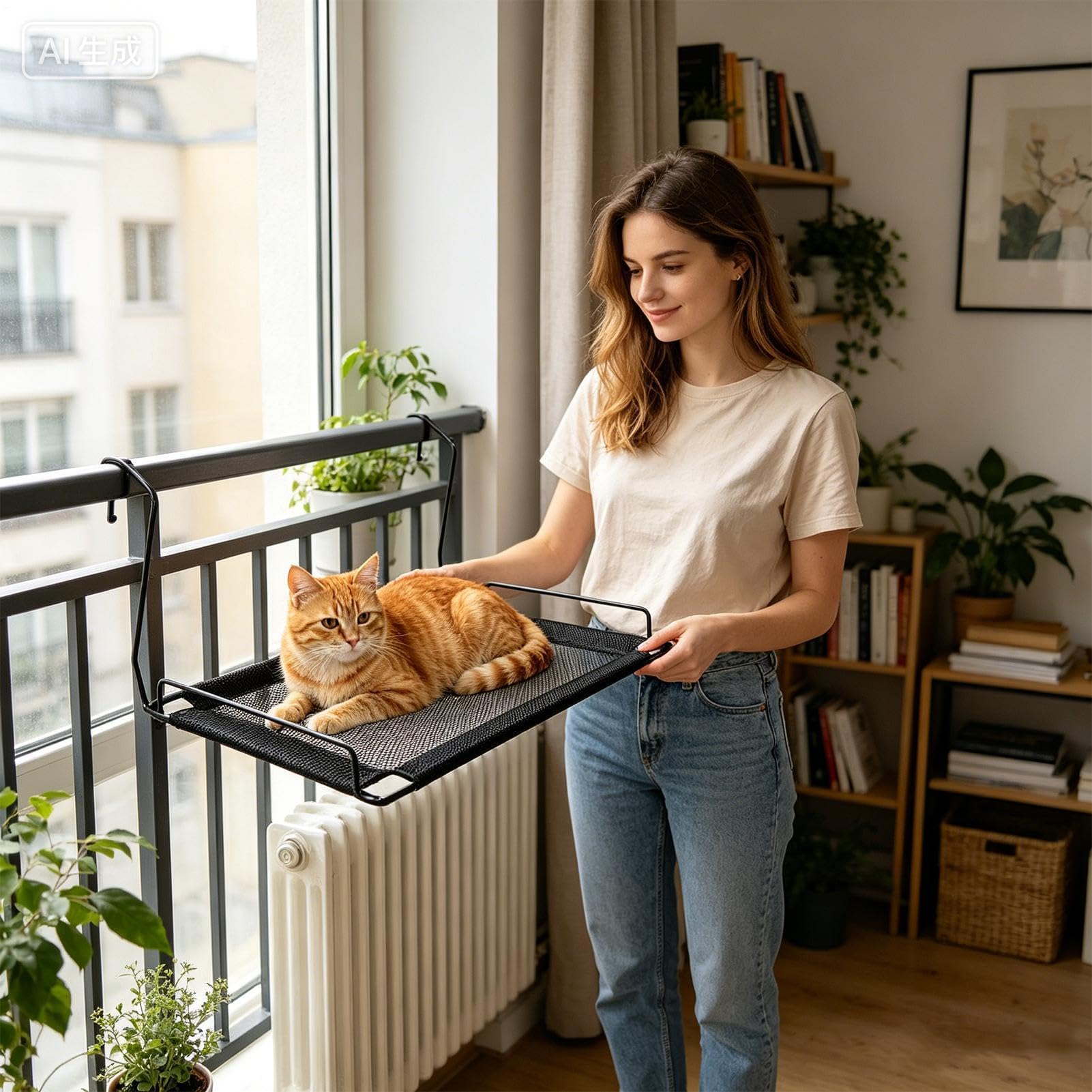 Supporto per amaca per gatti, pieghevole in rete traspirante, amaca per gattini con gancio, per casa, soggiorno, camera da , balcone, finestra angolare