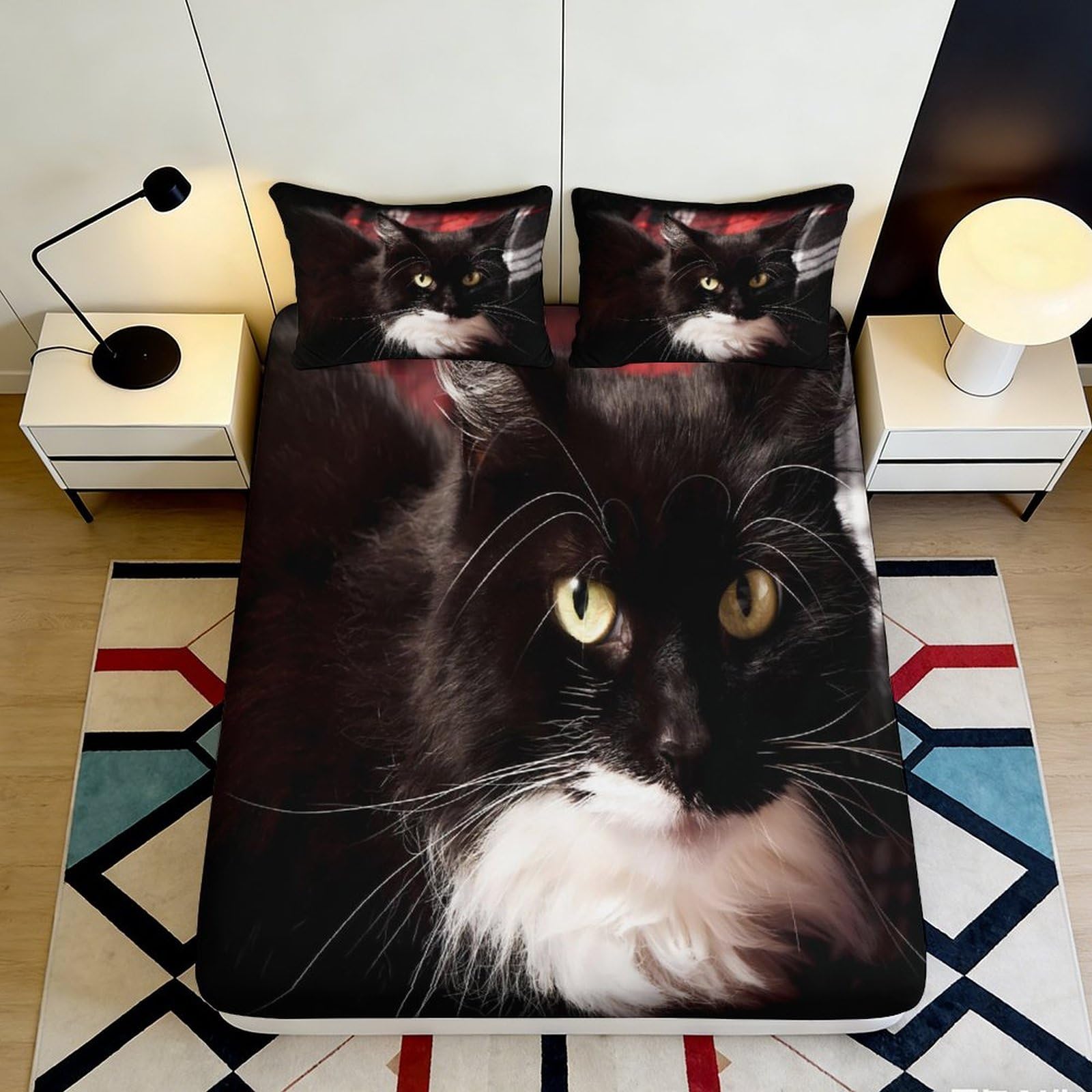 3D Printed Black Cat Fitted Sheet Microfiber Soft Breathable Cat Face Bed Cover for Bedroom Dormitory Guest Room Mattress Protection Decor 200x200x25cm