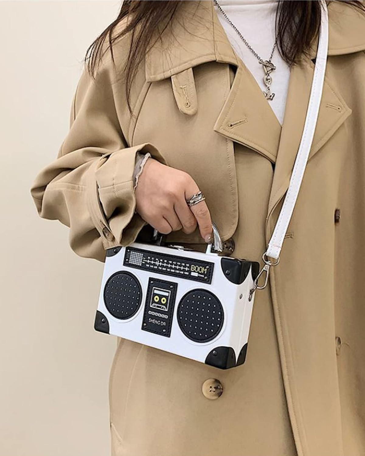 Vintage Radio Recorder Clutch Handbag Leather Top Metal Handle Crossbody Small Box Bag Shoulder Bag - Image 3