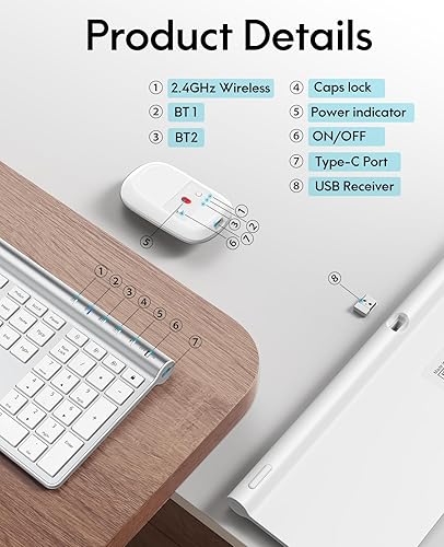 Miniatura 6 de CHESONA Combo de teclado y mouse inalámbricos, recargable inalámbrico de tamaño completo, multidispositivo (BT 5.0+3.0+2.4G) Combo de teclado y