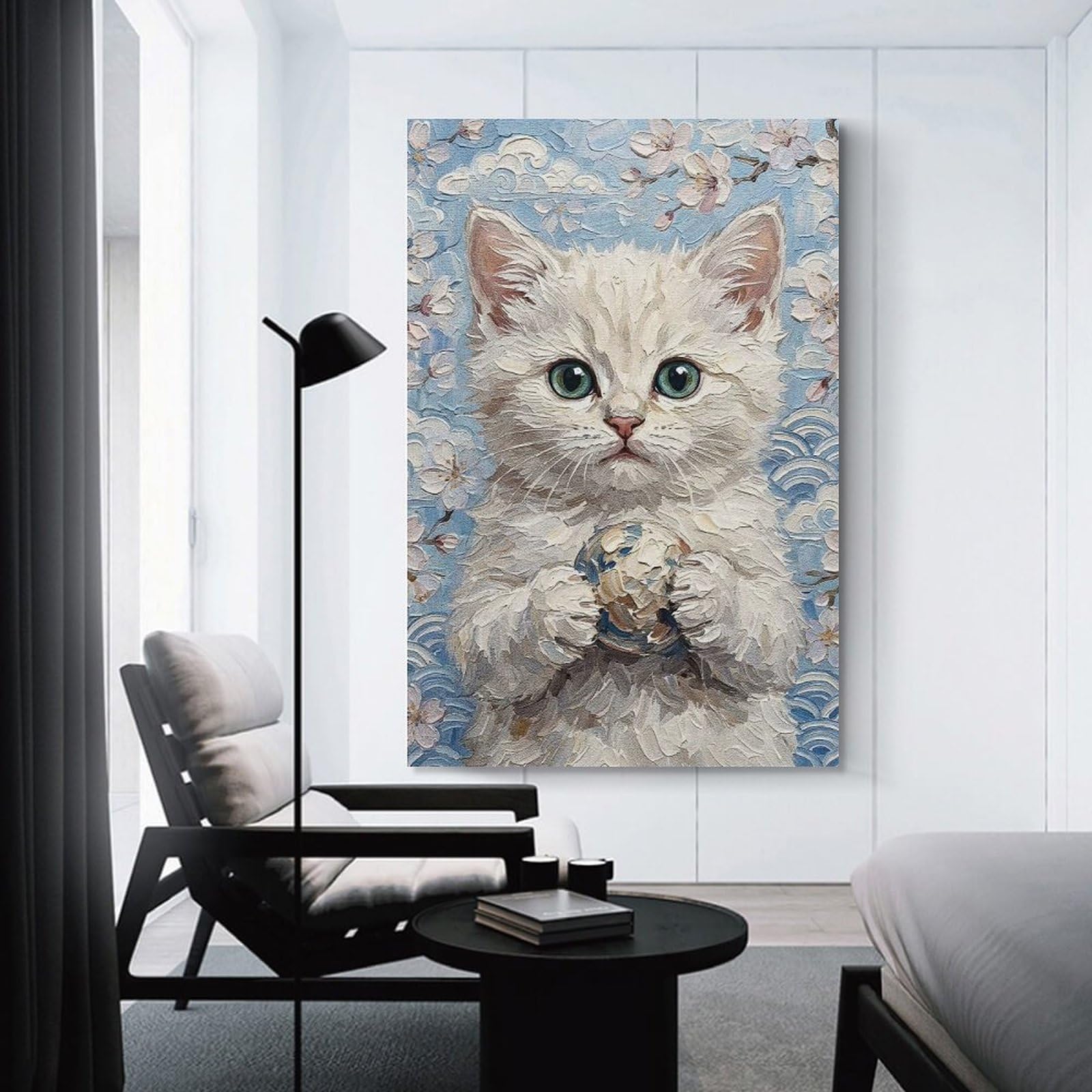 Junmoney Unframe-Style-9 Canvas Art Print White Kitten With Ball Painting, 24X36inch(60X90cm), For Contemporary Homes, Apartments Or Offices, Decorative Canvas Decor For Home Updates