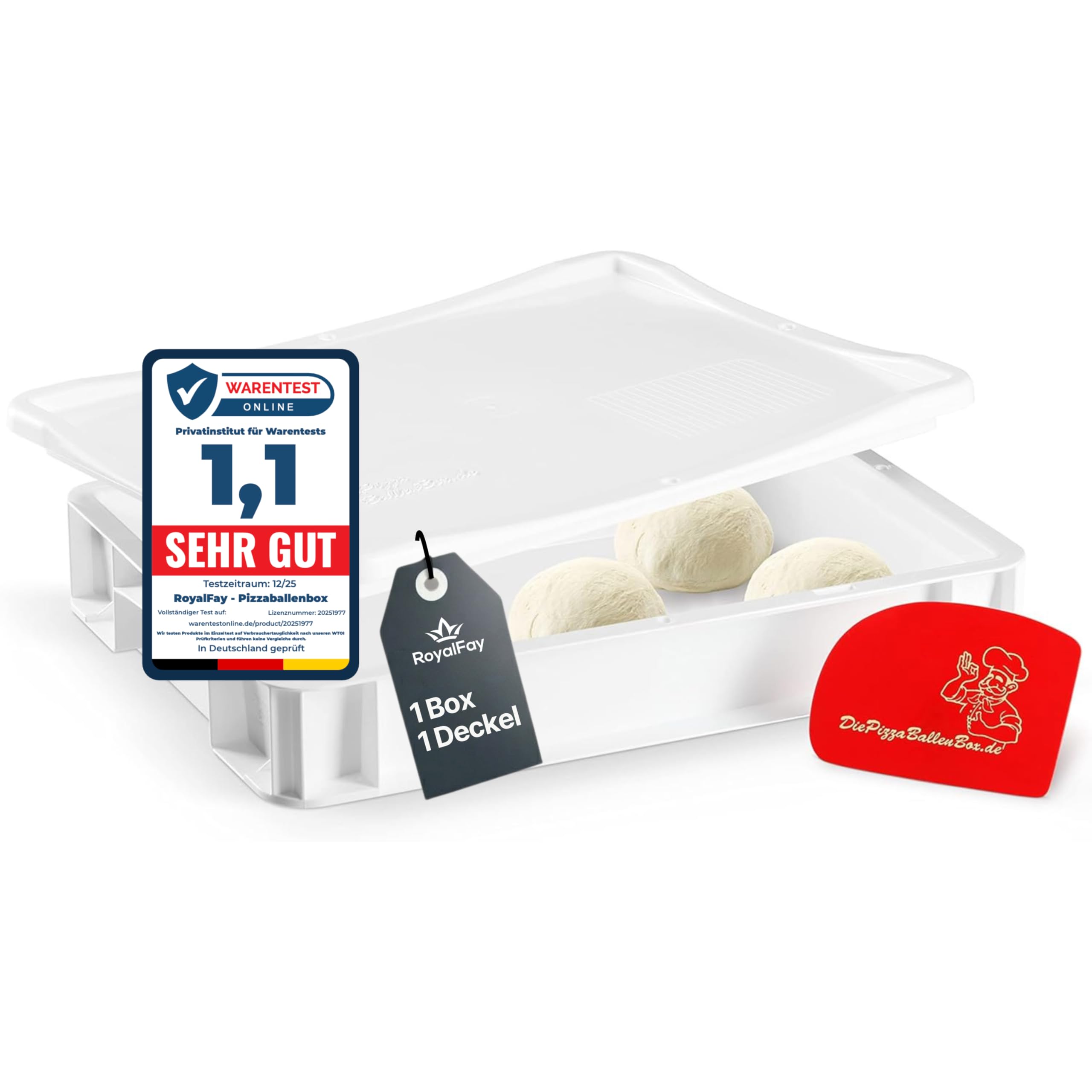 RoyalFay® Pizzaballenbox – Made in Germany – Gärbox 30x40x8 cm mit Deckel – lebensmittelechte & BPA-freie Teigbox für Pizzateigballen – stapelbar & robust – (weiß)