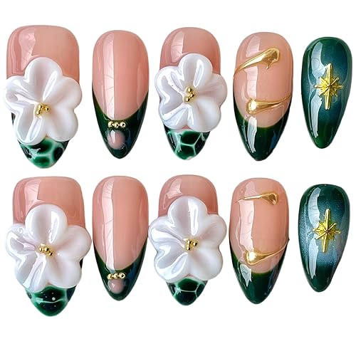 Handmade Press On Nails, 3D White Floral Design, Medium Almond