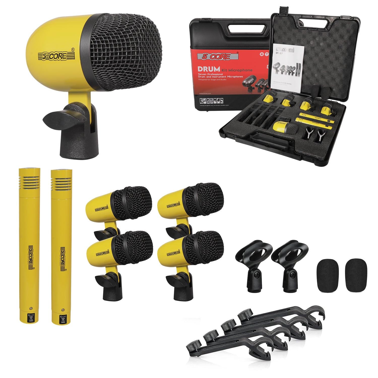 5 CORE Drum Mic Kit 7 Piece All Metal Drummer Microphone Set Yellow