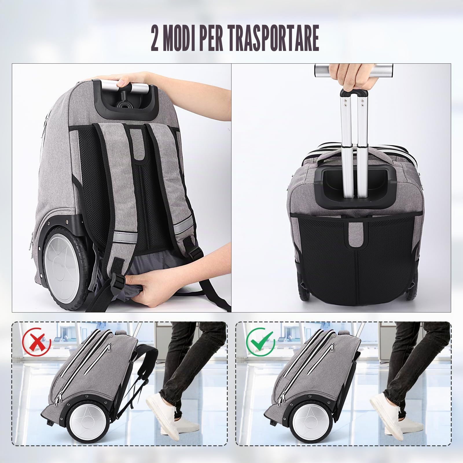 Hivexagon Zaino con ruote, zaino rotante con ruote da 7 pollici – Manico telescopico rinforzato, compartimento per laptop, ideale per affari e viaggi – Grigio