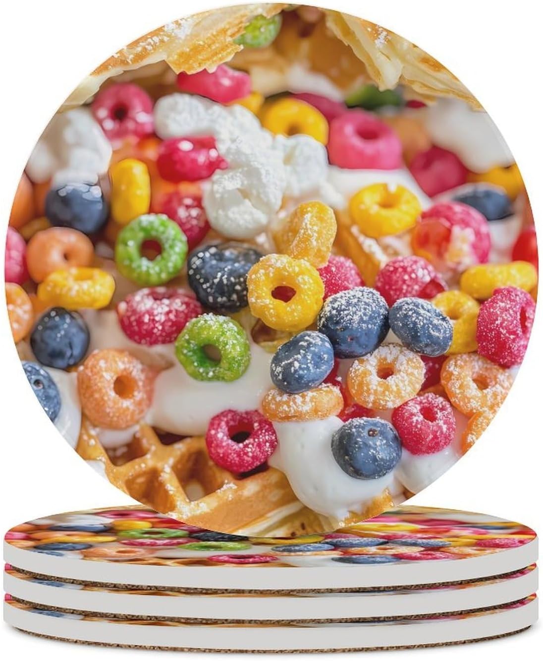Fruit Loop Waffles1 Round Ceramic Coasters Print Drinks Absorbent with Cork Base for Home Decor Gifts 4 Inch