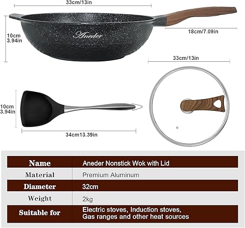 Miniatura 3 de 2 juegos de sartén Wok de 12.5 pulgadas con tapa y espátula Wok de acero al carbono de 12.5 pulgadas con parte inferior plana  Sartén antiadherente