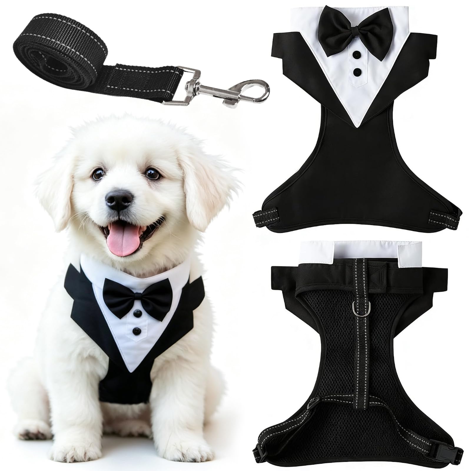 XoeLLe Dog Wedding Outfit Formal Dog Bow Tie Harness with Leash Black M
