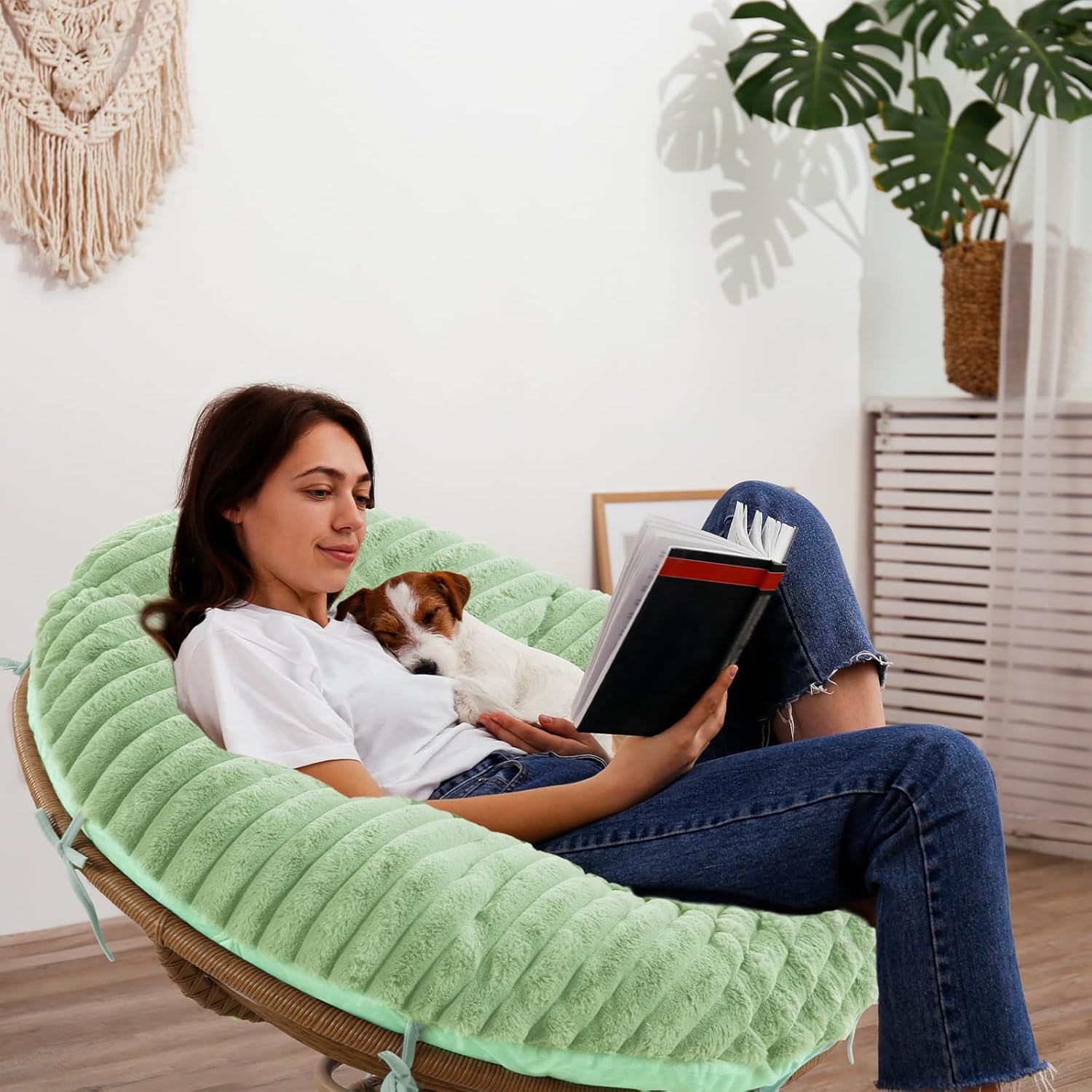 HOMBYS Fluffy Shaggy Cover for Papasan Chair Cushion, Plush Faux Fur Slipcover ONLY, (Without Cushion) Removable Soft Papasan Cushion Covers with 8 Ties, (Sage Green, 50"x50")