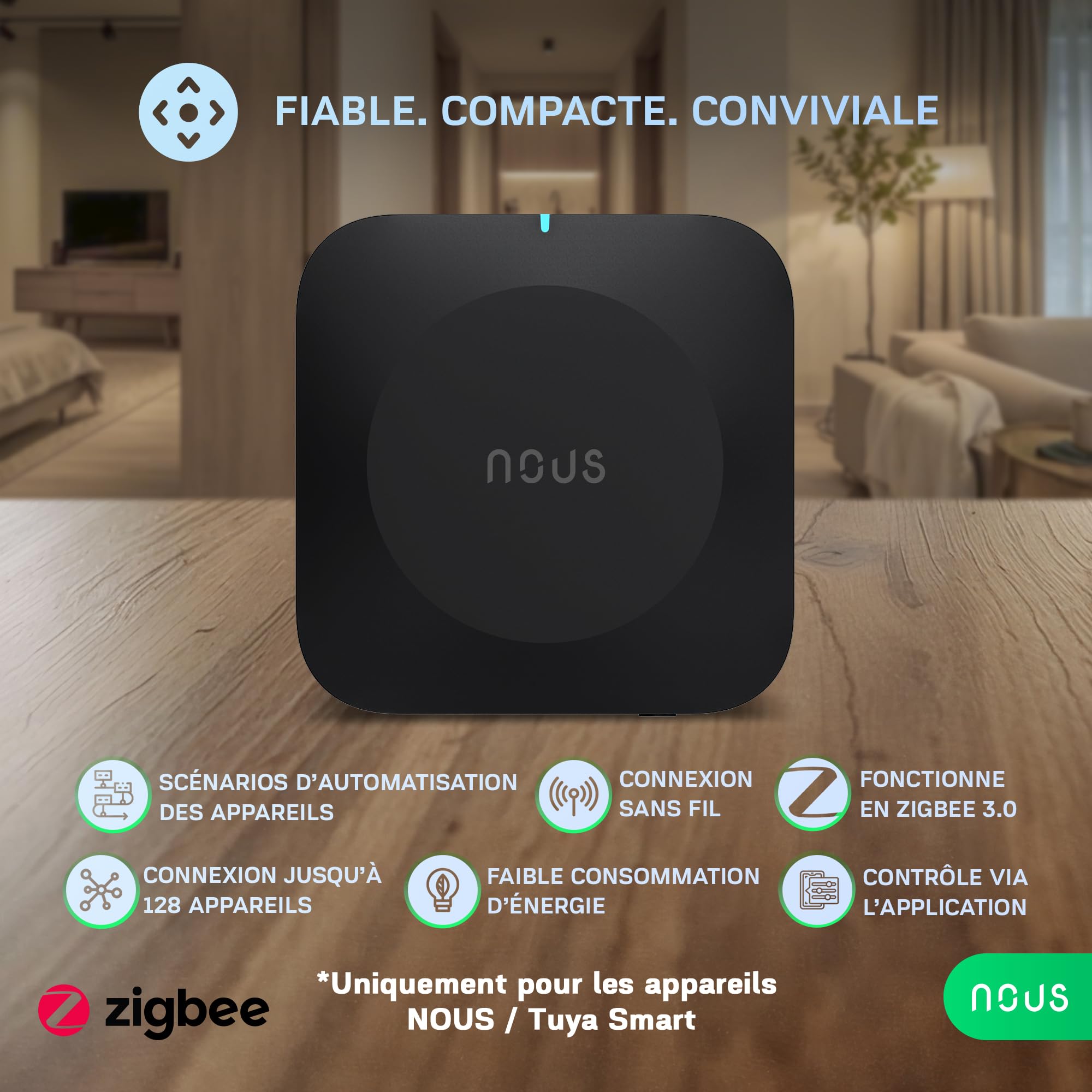 NOUS E15 Passerelle ZigBee 3.0 Smart Gateway 2.4/5 GHz, Hub Domotique, Contrôle via App, Compatible Alexa & Google Home, Jusqu’à 128 Appareils, WiFi Double Bande