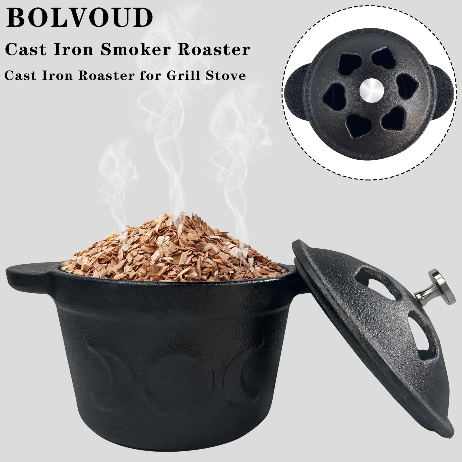 Asador ahumador de hierro fundido y asador de ajo, horno holandés pre-sazonado, asador de ajo de hierbas gourmet para horno de parrilla, caldero de hierro fundido de triple luna con tapa, caja 7