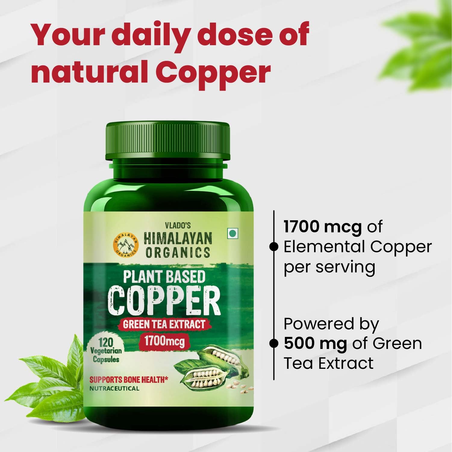 Vlado’s Himalayan Organics Plant Based Copper 1700mcg Supplement with Green Tea Extract - 120 Veg Capsules | Support Connective Tissues, Brain Health, Boost Immunity | For Men & Women — Amazon image 4