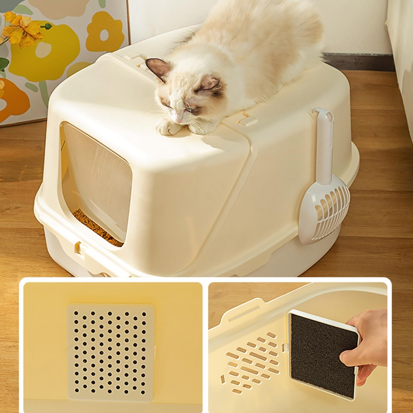 Amazon | 猫用トイレ本体 大型 フルカバー 猫トイレ 杏色 ふた付き