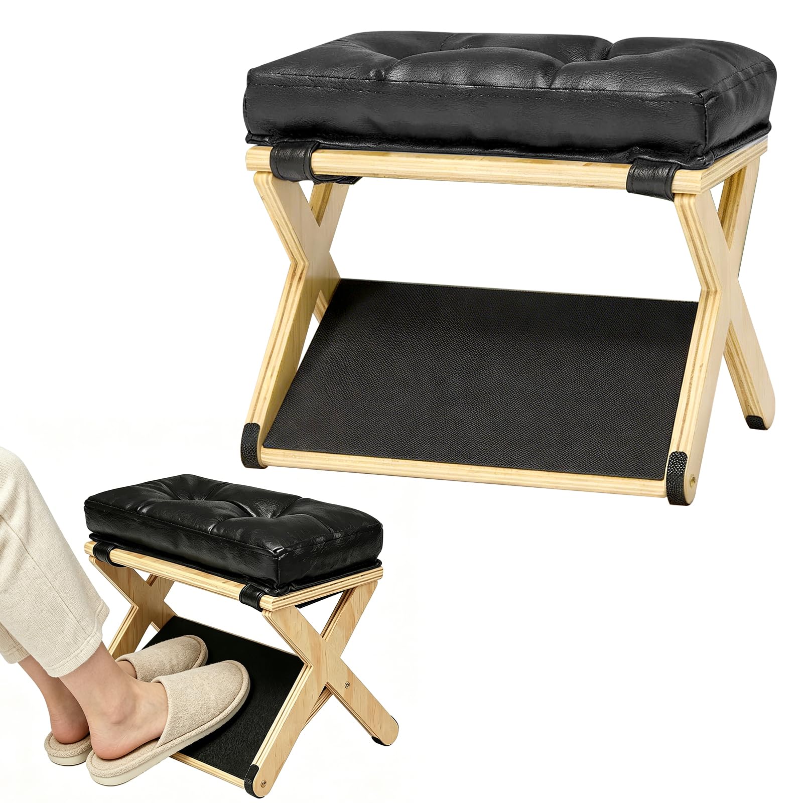 Poggiapiedi Ergonomico Legno 2in1 Pieghevole, Regolabile Altezza Angolo con Cuscino Rilassante, Salvaspazio per Ufficio Scrivania Soggiorno Camera