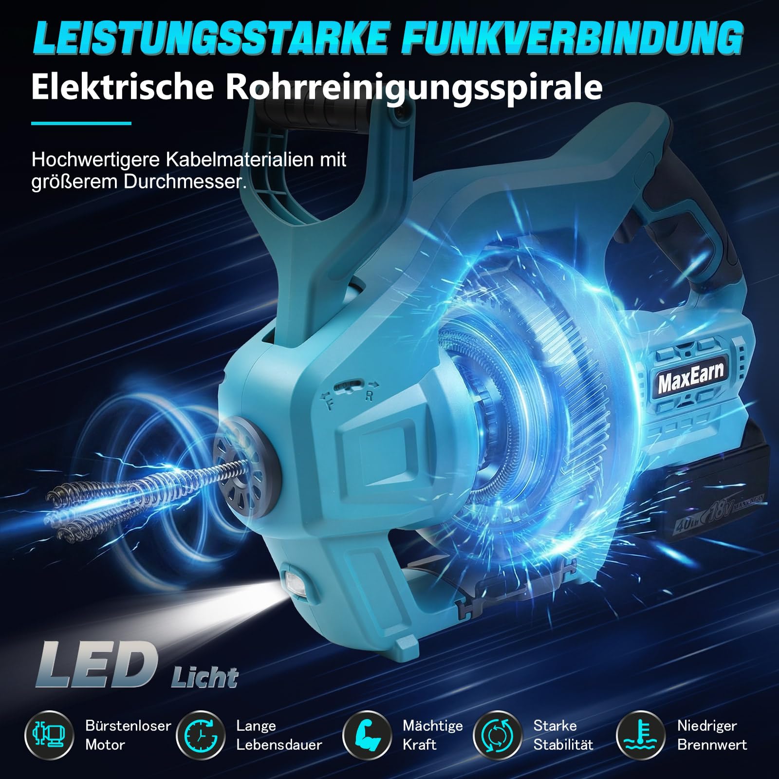 Espiral de limpieza automática de tuberías con batería, compatible con batería Makita de 18 V, 23,6 pies, desatascador de desagües, para 19-85 mm, limpiador de tuberías en espiral para cocina