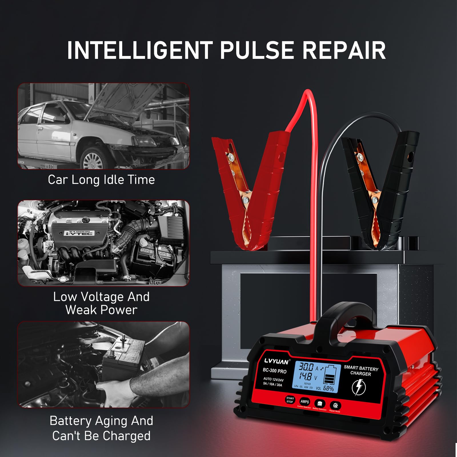 LVYUAN Caricabatterie intelligente per auto da 30 Amp, caricabatterie per auto da 12 V/24 V, batteria al piombo LiFePO4 con display LCD, caricabatterie per tosaerba, moto, AGM, STD, Gel, EFB, ecc