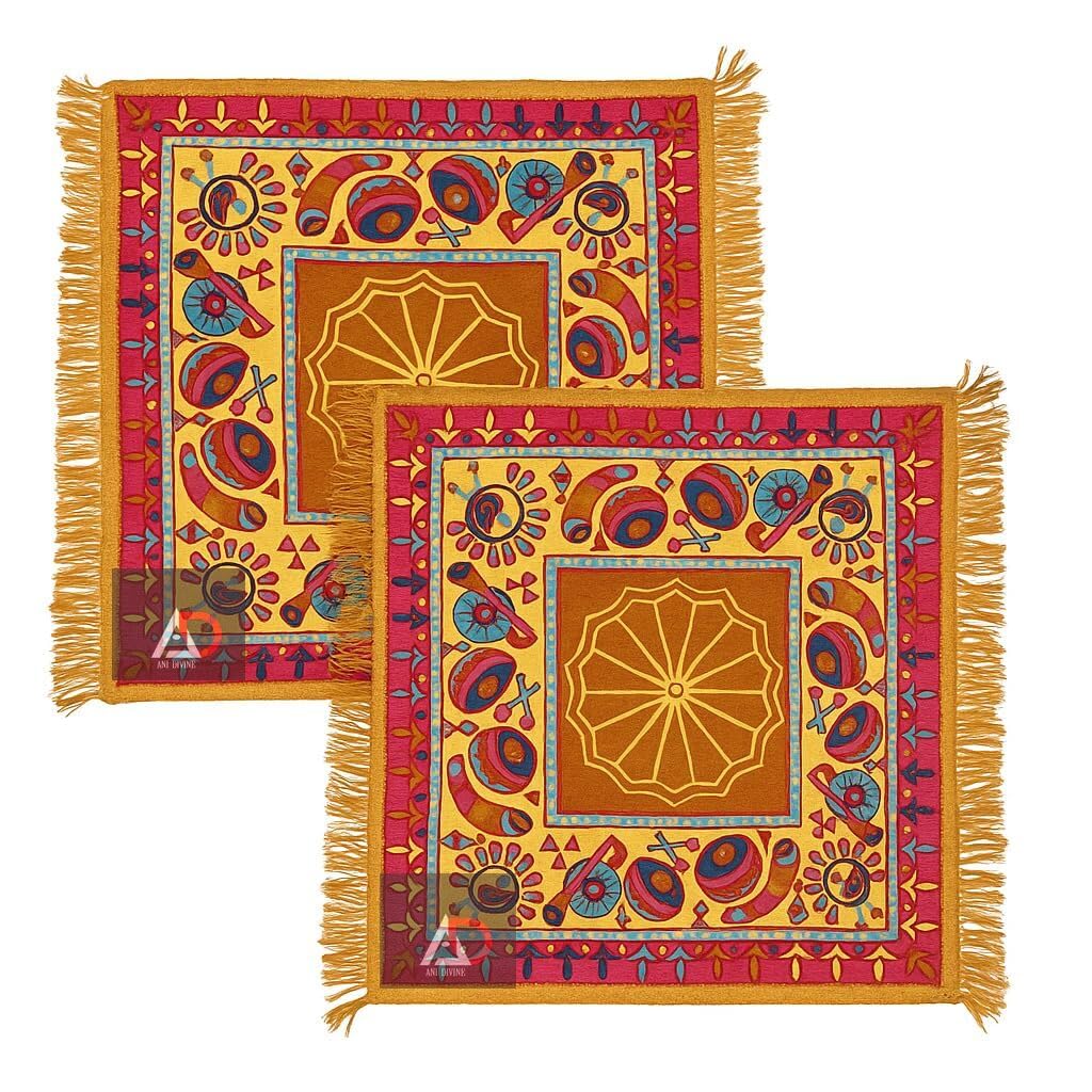 Traditional Yellow Velvet Pooja Asan Rangoli Art Mat Set of 2 for Daily Worship-picture-13