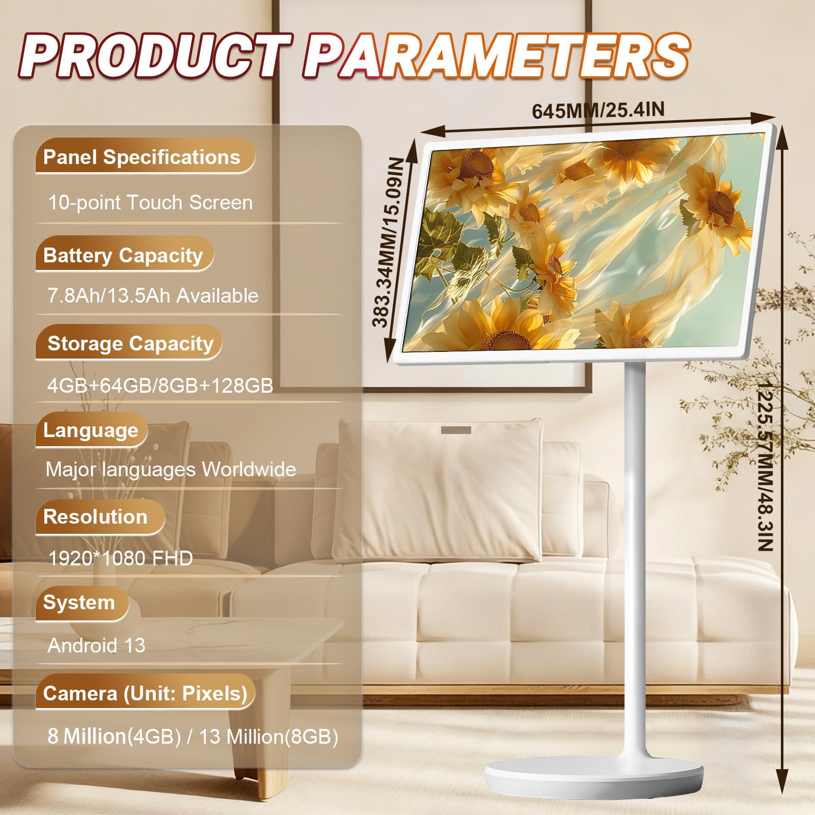 TV portatile da 24/27/32", trasmissione wireless, monitor con touch screen a 10 punti, per ufficio, casa, palestra, batteria integrata 8000/13500/15000 mAh (27 pollici, 4+64 GB (1080P))