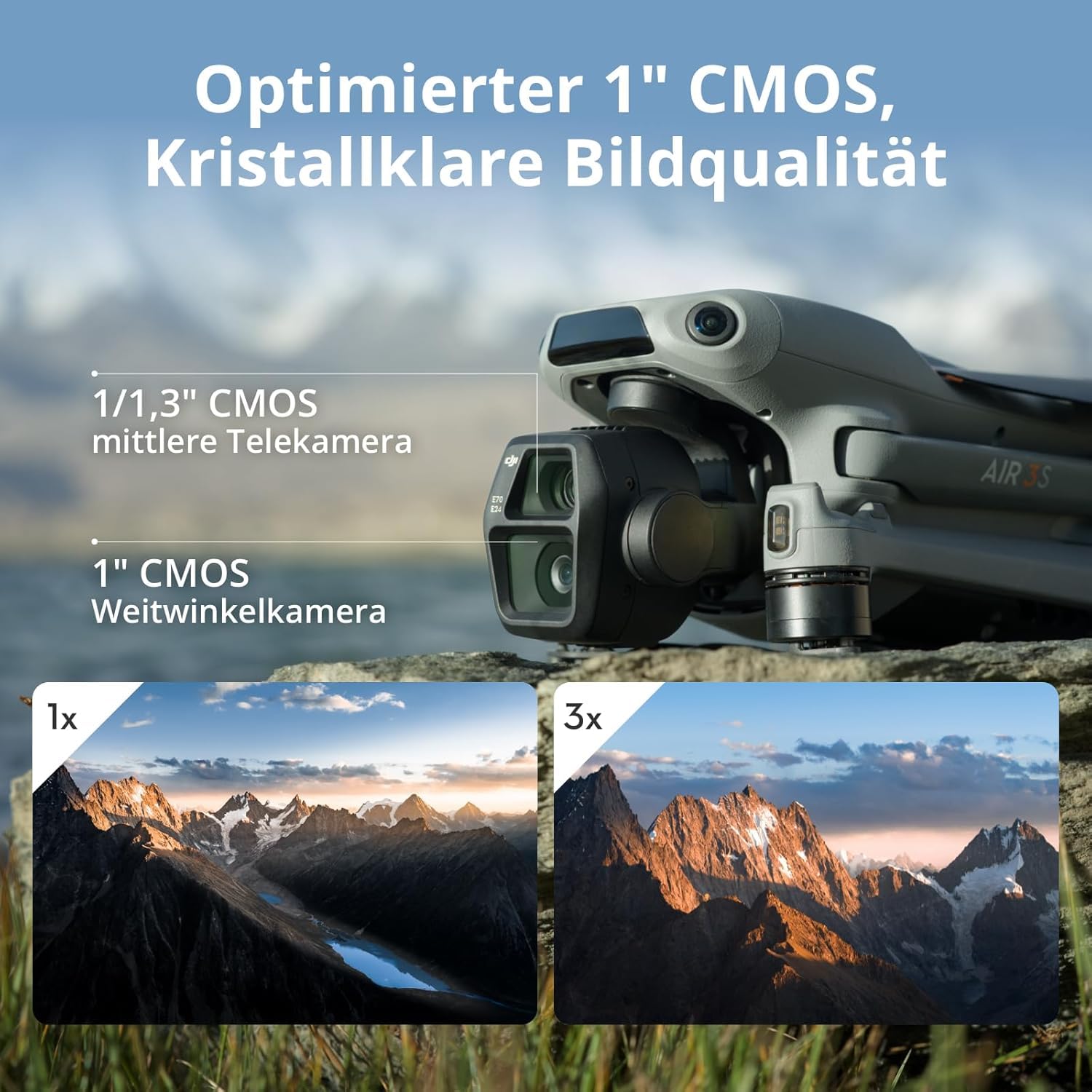 DJI Air 3S Fly More Combo (RC-N3) mit Vielseitiges Zubehör, Drohne mit 1“ CMOS Weitwinkel- & mittlerer Telekamera, 4K/60fps HDR Video, omnidirektionale Hinderniserkennung bei Nacht und 3 Akkus