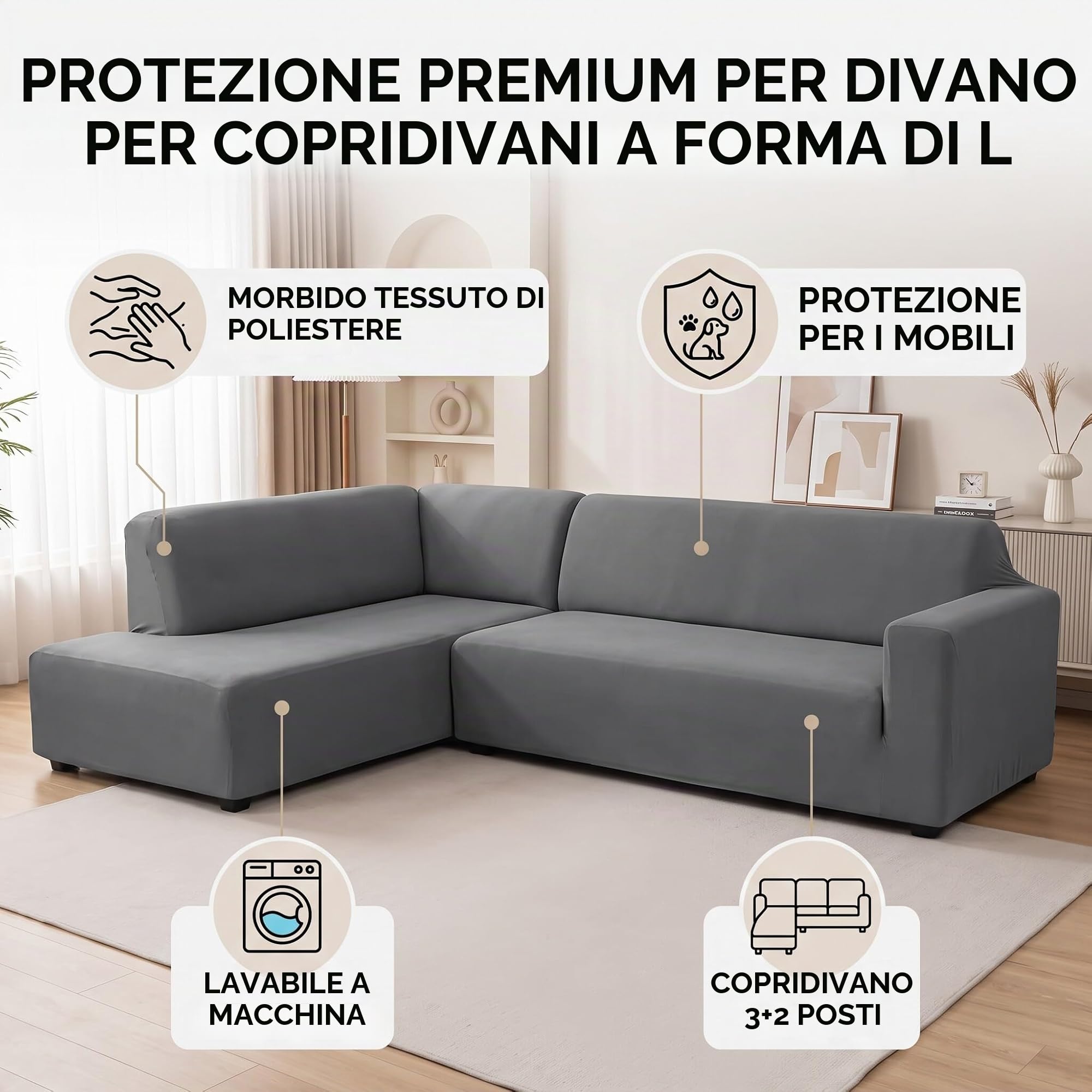 Ejoyous Copridivano elasticizzato a forma di L, Copridivano con Penisola Elasticizzato in poliestere 3 + 2 Seat Copridivano Angolare Antigraffio Universale (grigio)