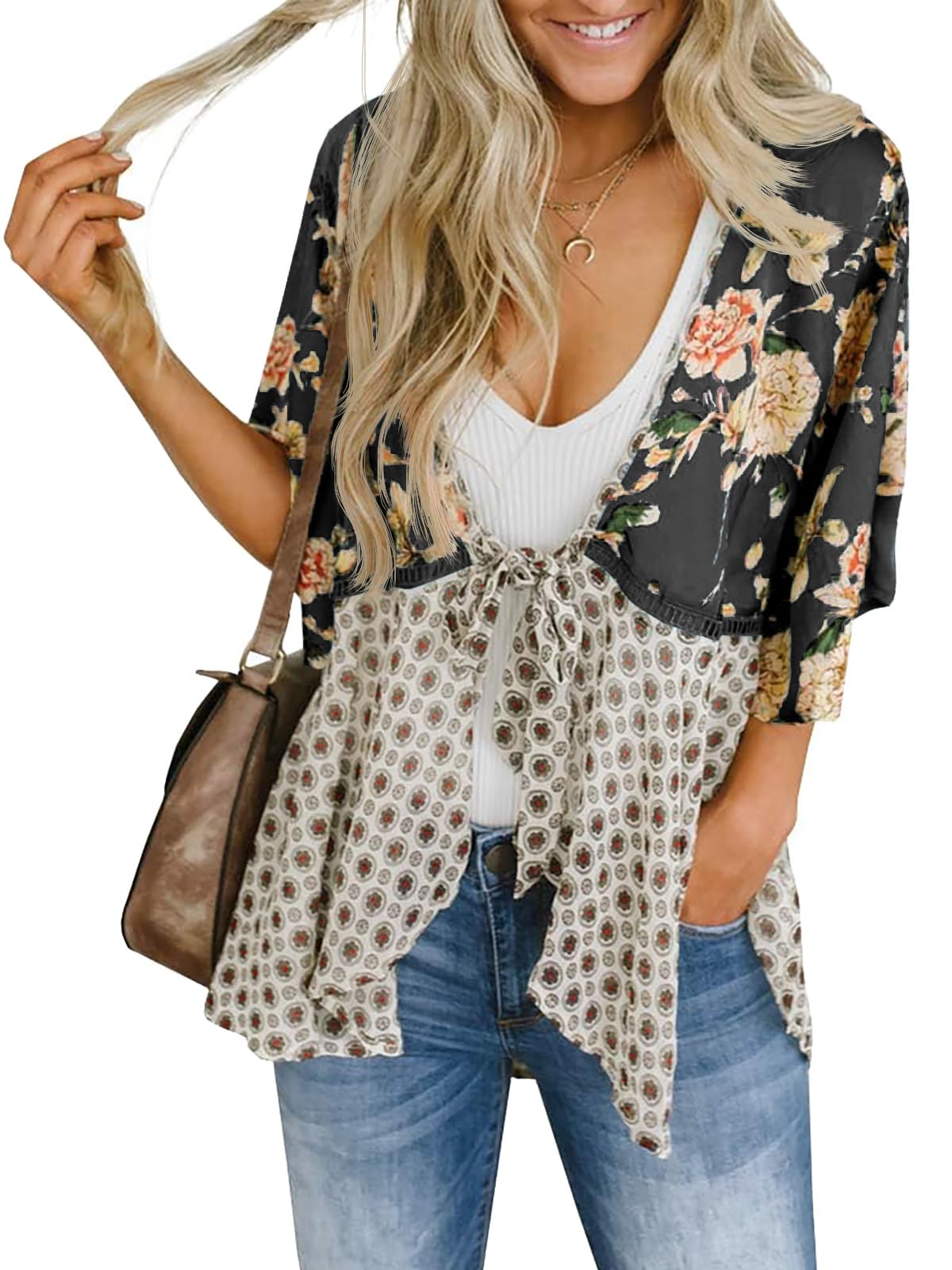 Womens Tie Front Kimono Cardigans Floral Lightweight Ruffle 3/4 Sleeve Boho Flowy Beach Cover Ups-image-39