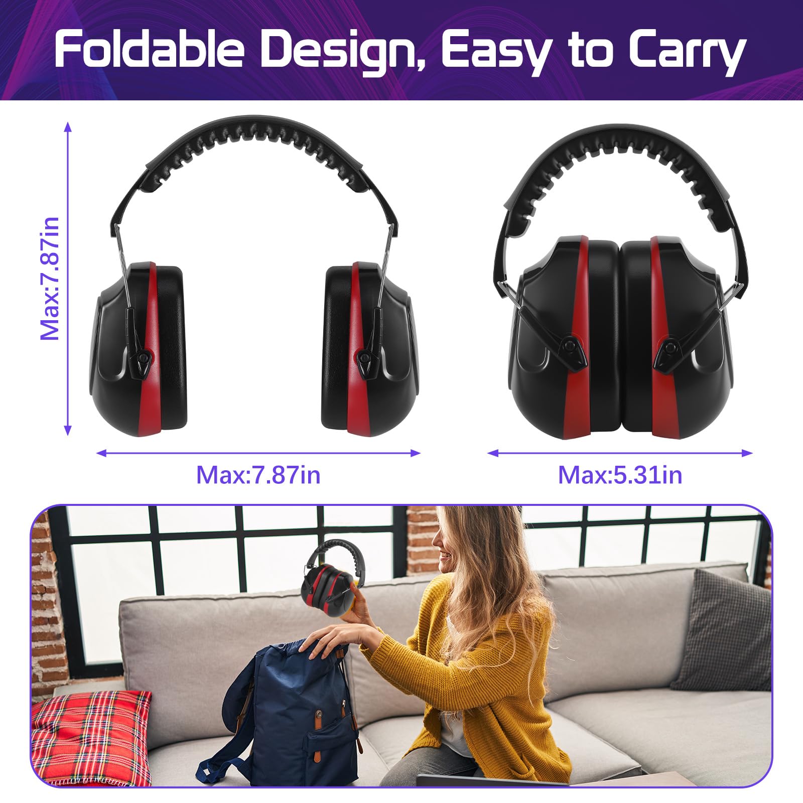 Zocipro Casque Anti Bruit Adulte Pliable et Réglable | Casque Antibruit de Sécurité SNR 34dB, Serre-Tête Souple avec Mousse Épaisse pour Chantier, Construction, Tonte, Tir Sportif