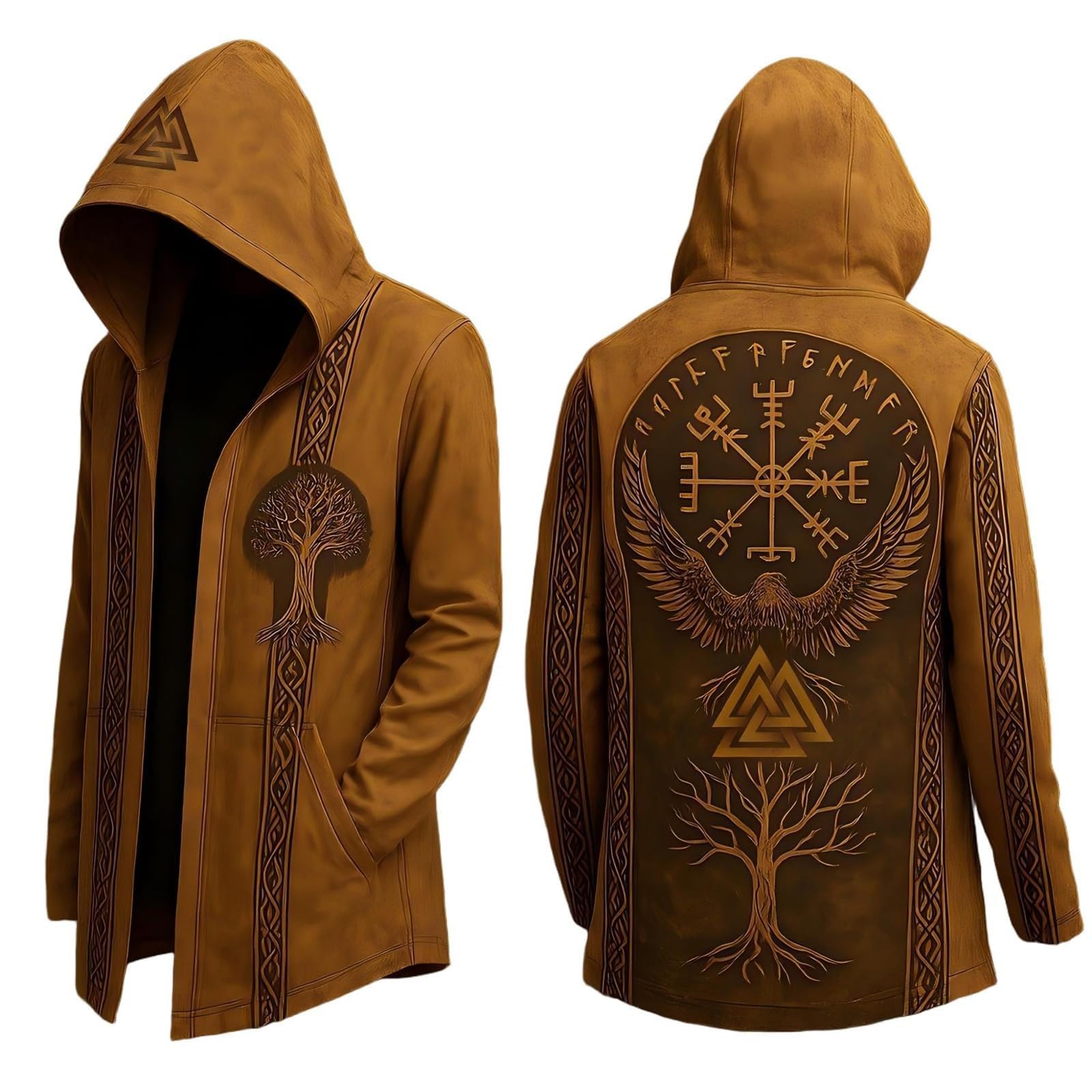 Generisch Viking Hoodie Men's Medium Length Spring Autumn Cardigan Cosplay Costume with Hood 3D Printed Cool Coat Biker Jacket Sweatshirt Sweat Jacket Viking Clothing Men, brown, XXL