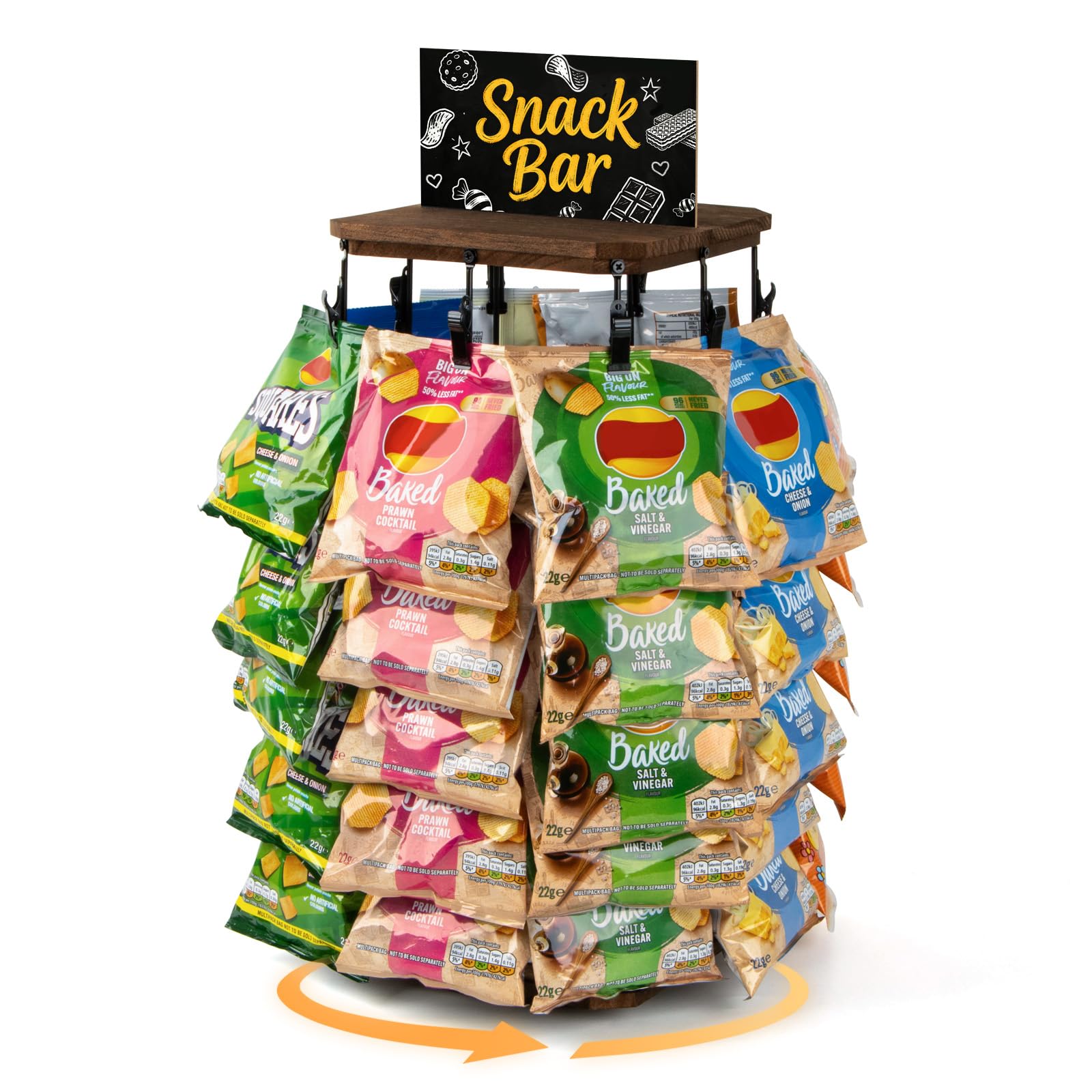Puersi Brown Wooden Chip Rack Display Stand, 5 Tiers 40 Clips Rotating Snack Rack For Office Countertop, Snack Organizer Chip Storage Candy Display For Concession, Party, Retail, With Message Board