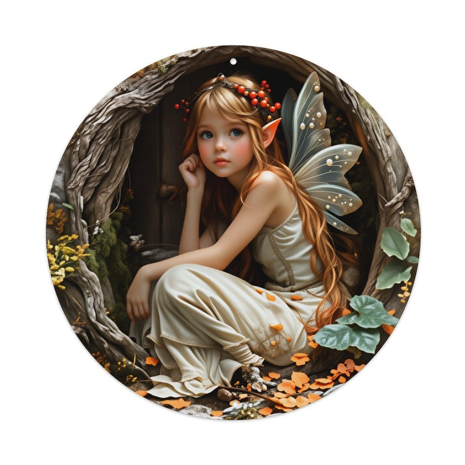 Fairy With Wings And Floral Crown In Forest Setting Round Vintage Tin Sign,Retro Wall Art,Metal Poster for Home, Bar, Garage, Cafe, Rustic Indoor & Outdoor Decor, 8x8 Inches