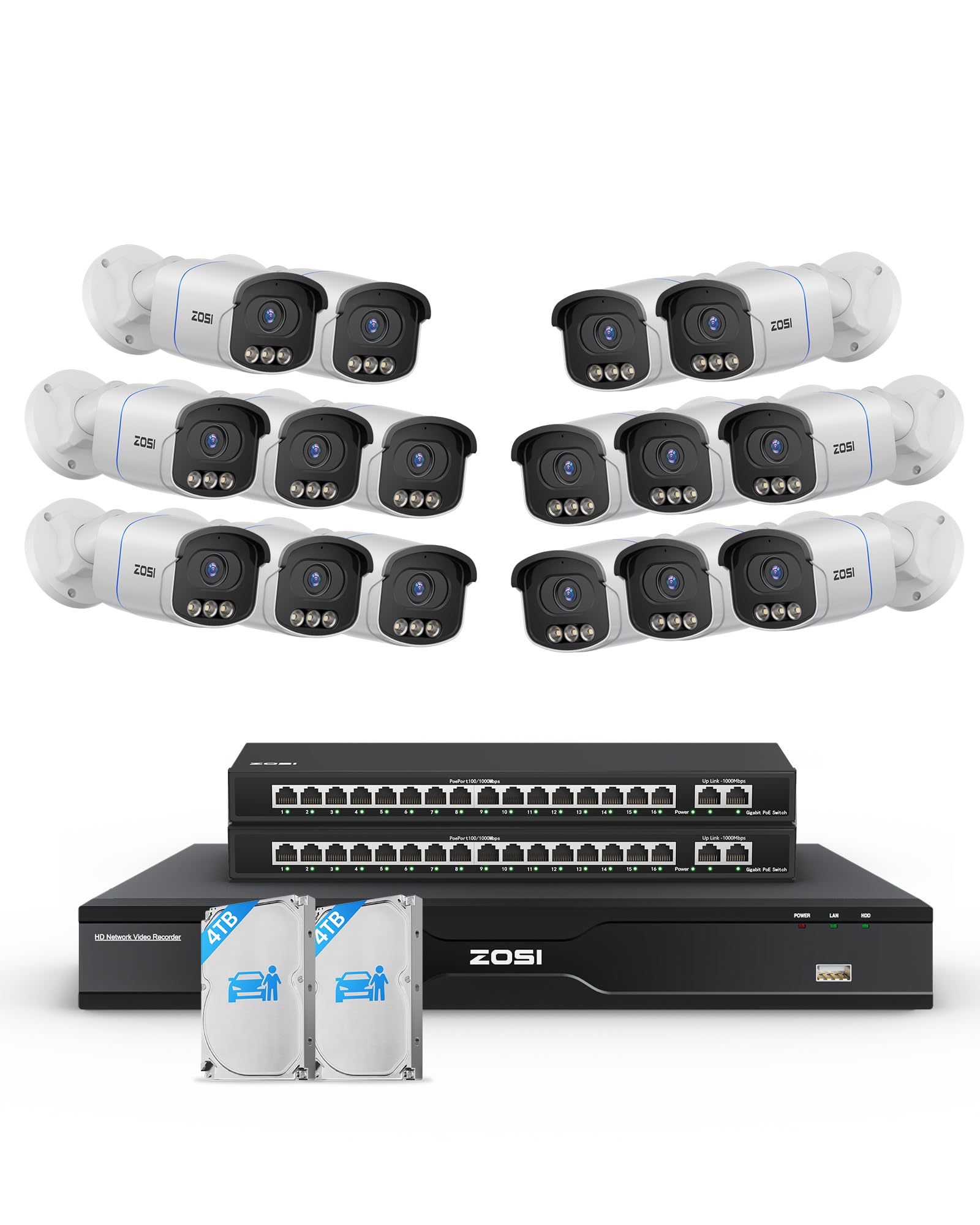ZOSI 32CH 4K PoE Security Camera System, 16pcs 8MP True Full Color Night Vision PoE Cameras Outdoor, Person Vehicle Detection, 2 Way Audio, Spotlight Siren, 32CH NVR with 8TB HDD for 24/7 Recording