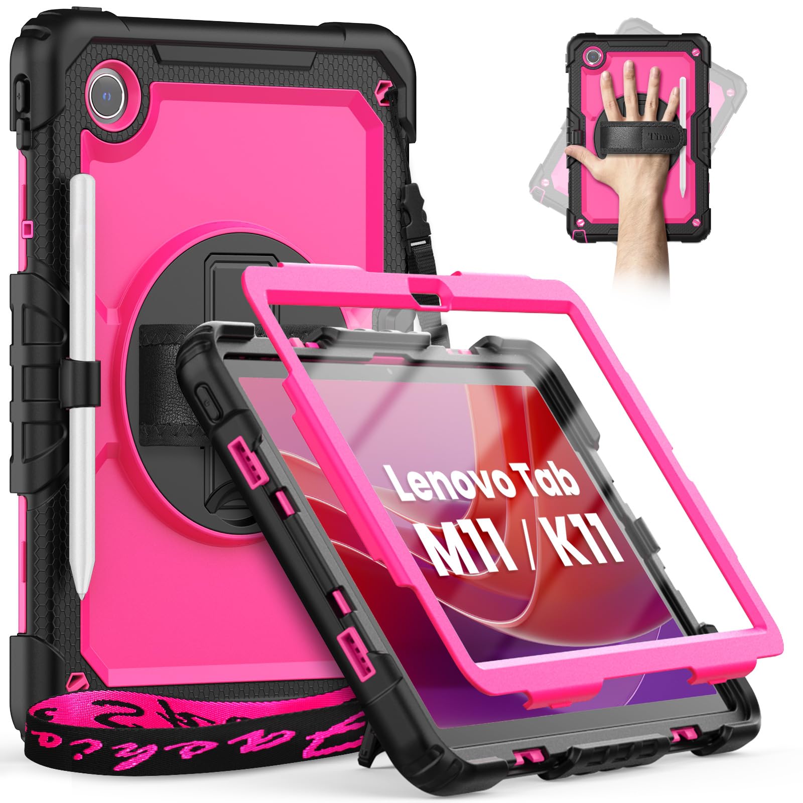 timecity Case for Lenovo Tab M11 (TB330FU/TB330XU) 11 Inch Tablet Case with Pen Holder/Stylus Holder/Screen Protector/360° Hand Strap, for Tab K11 LTE